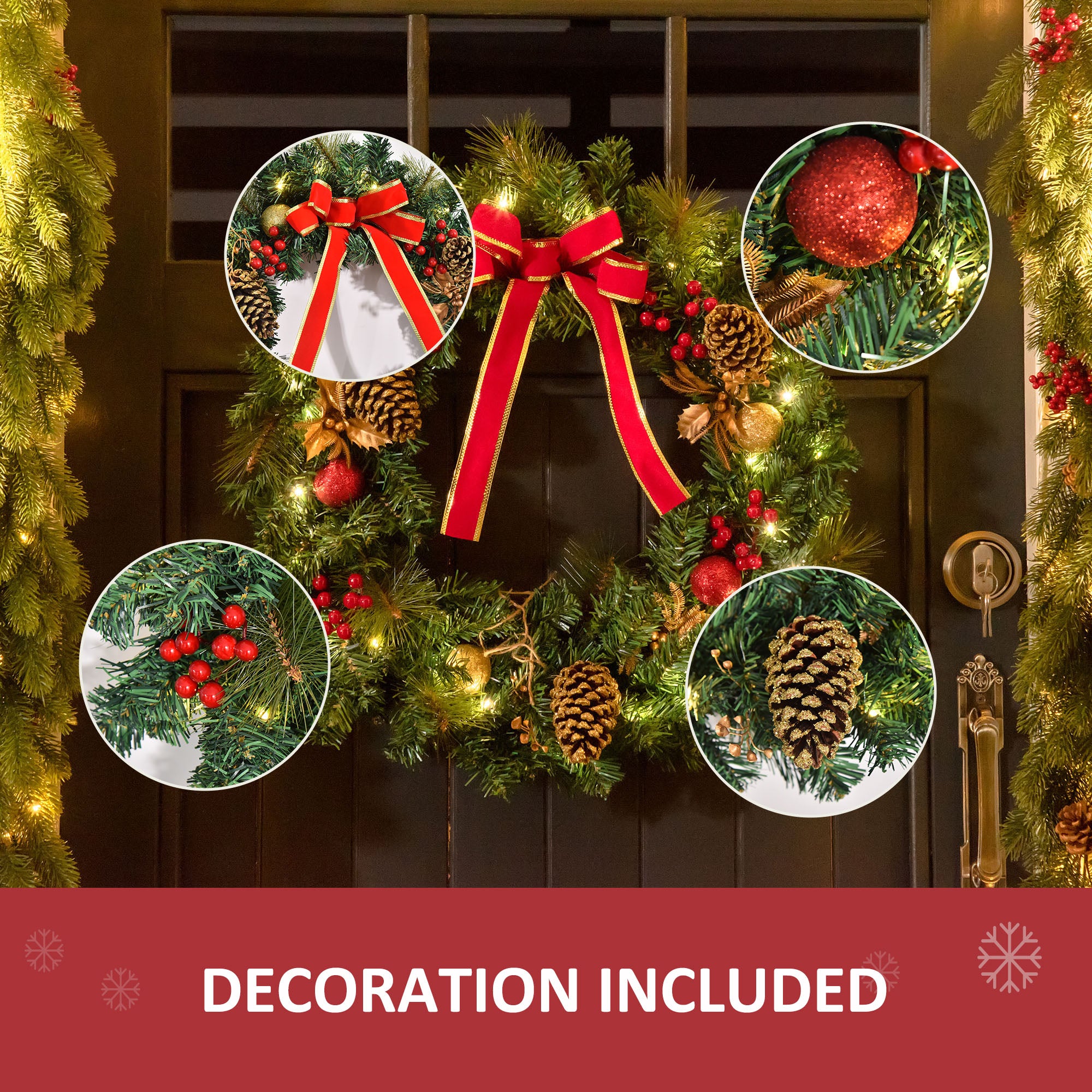 HOMCOM 60cm Pre-Lit Artificial Christmas Door Wreath Holly LED Decor Pine Cones Hanging Glittered Festival Indoor Outdoor Decoration - North Peak Garden Furniture