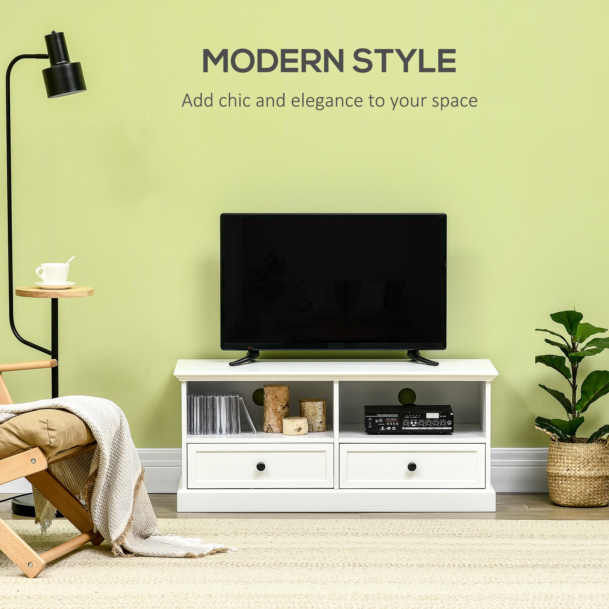 HOMCOM Modern TV Unit Cabinet for TVs up to 45 Inches, TV Stand with Drawers, Open Shelves, Cable Holes for Living Room, White - North Peak Garden Furniture