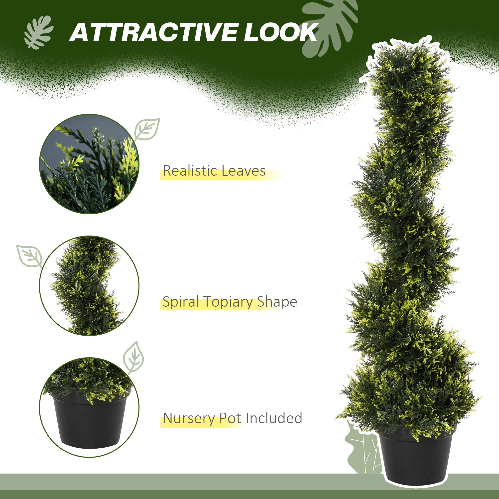 Outsunny Set Of 2 90cm/3FT Artificial Spiral Topiary Trees w/ Pot Fake Indoor Outdoor Greenery Plant Home Office Garden Décor Green - North Peak Garden Furniture