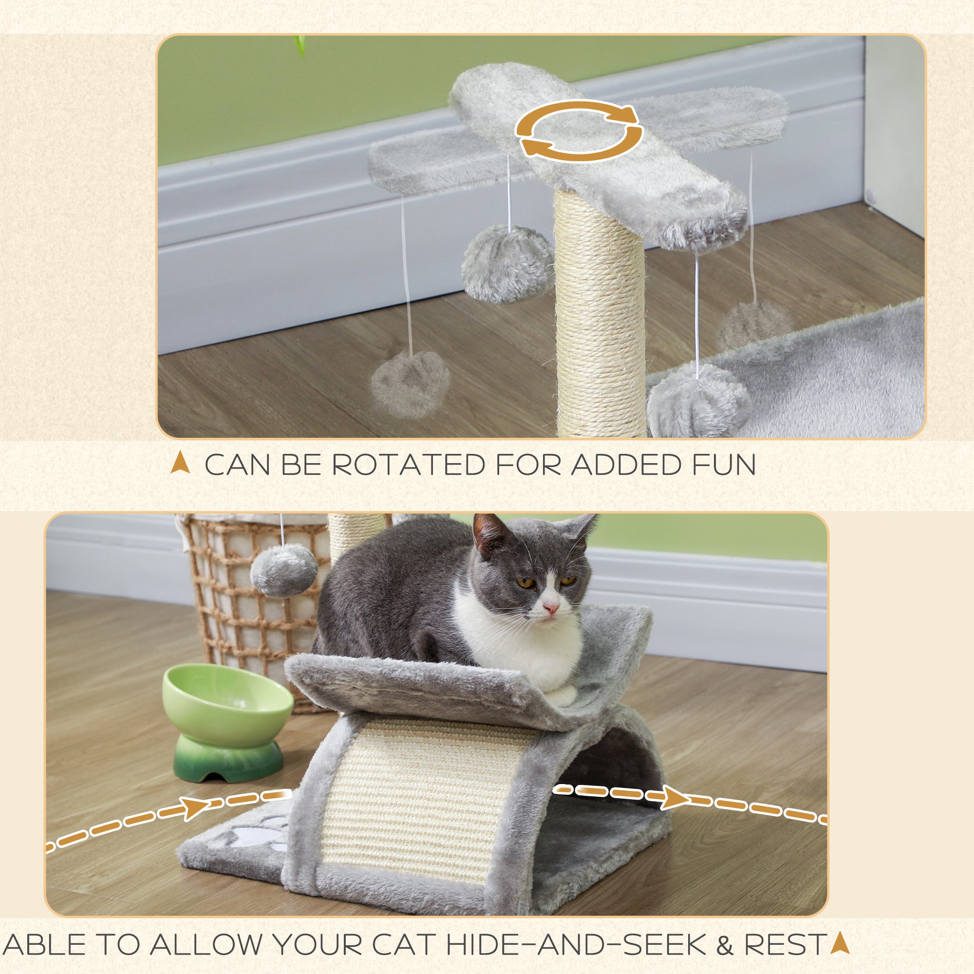 PawHut Cat Tree, Cat Tower for Kittens, Small Cat Condo with Rotatable Top Bar, Sisal Scratching Post, Tunnel, Dangling Balls - Grey - North Peak Garden Furniture