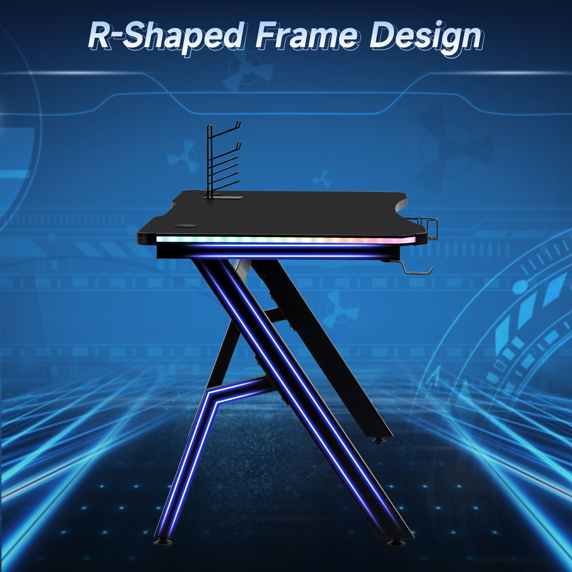 HOMCOM RGB 120 x 66cm Gaming Desk, Computer Table with Carbon Fibre Surface, Headphone Hook, Cup Holder, Controller Rack, Home Office Desk, Black - North Peak Garden Furniture