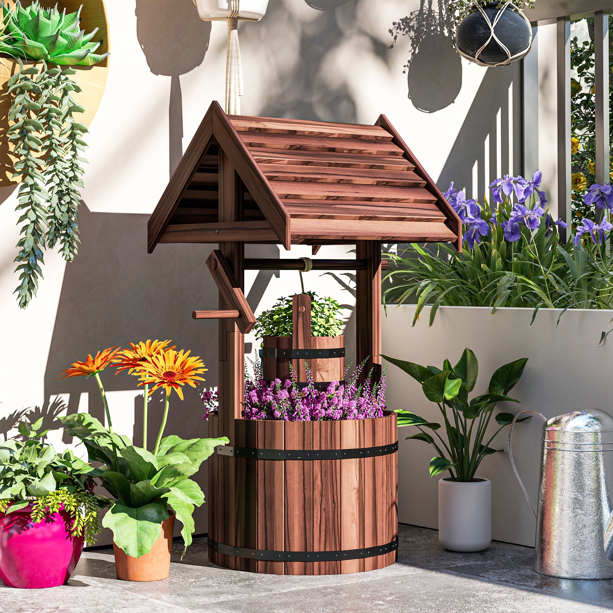 Outsunny Wood Wishing Well for Outside with Hanging Bucket, Wishing Well Planter with Drain Hole for Garden Patio, Carbonized