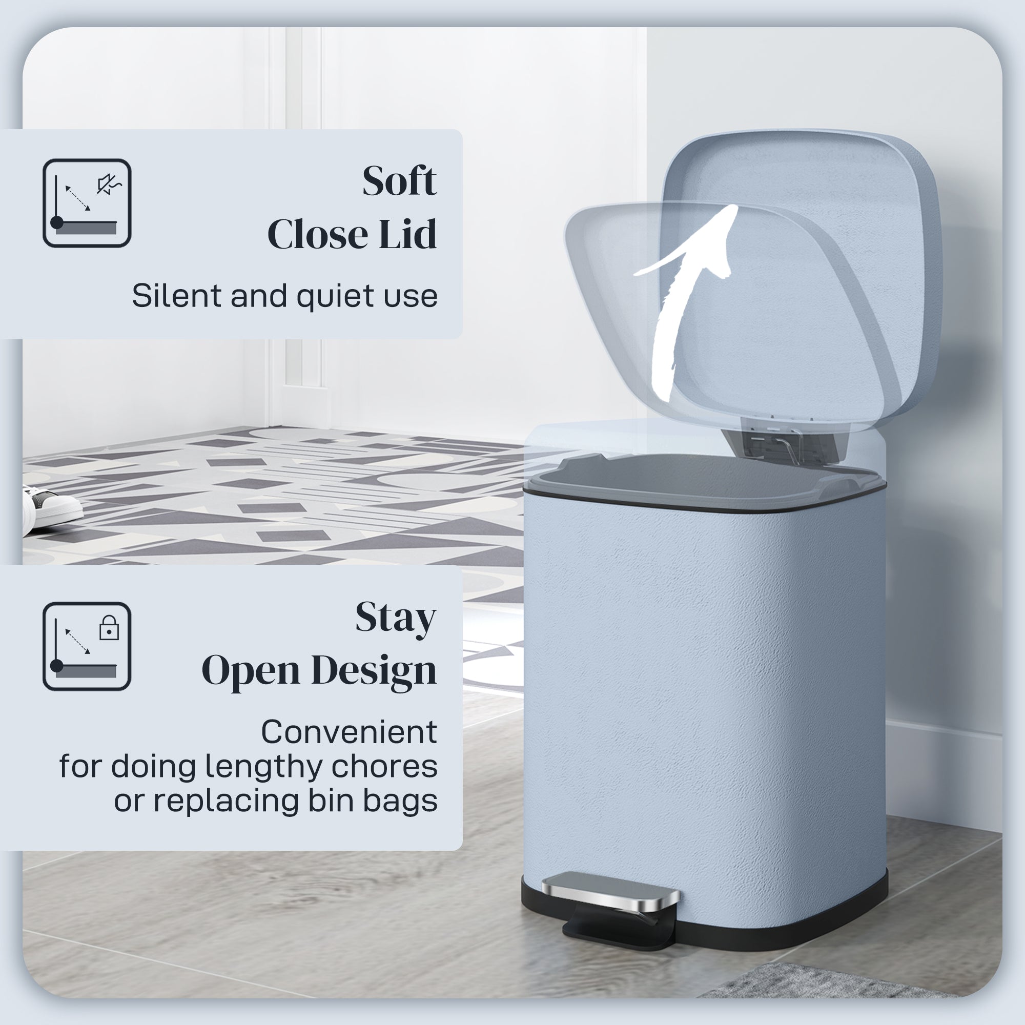 HOMCOM 12L Modern Boxy Metal Home Kitchen Bin - Light Blue - North Peak Garden Furniture