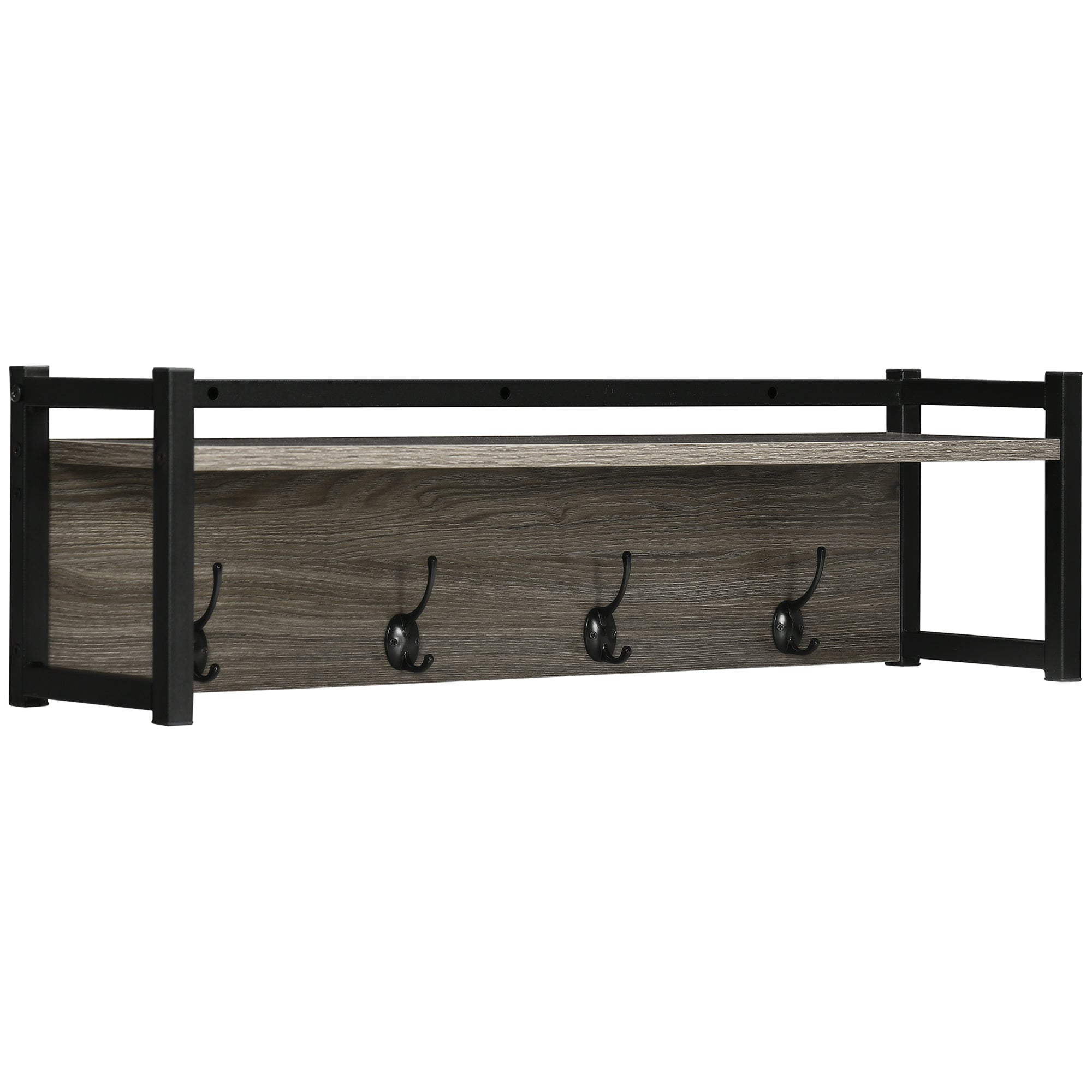 HOMCOM Wall Coat Rack with 4 Hooks Floating Shelf with Storage Rack for Keys, Clothes, Bags for Hallway, Entryway, 80 x 20 x 22.5 cm, Grey - North Peak Garden Furniture