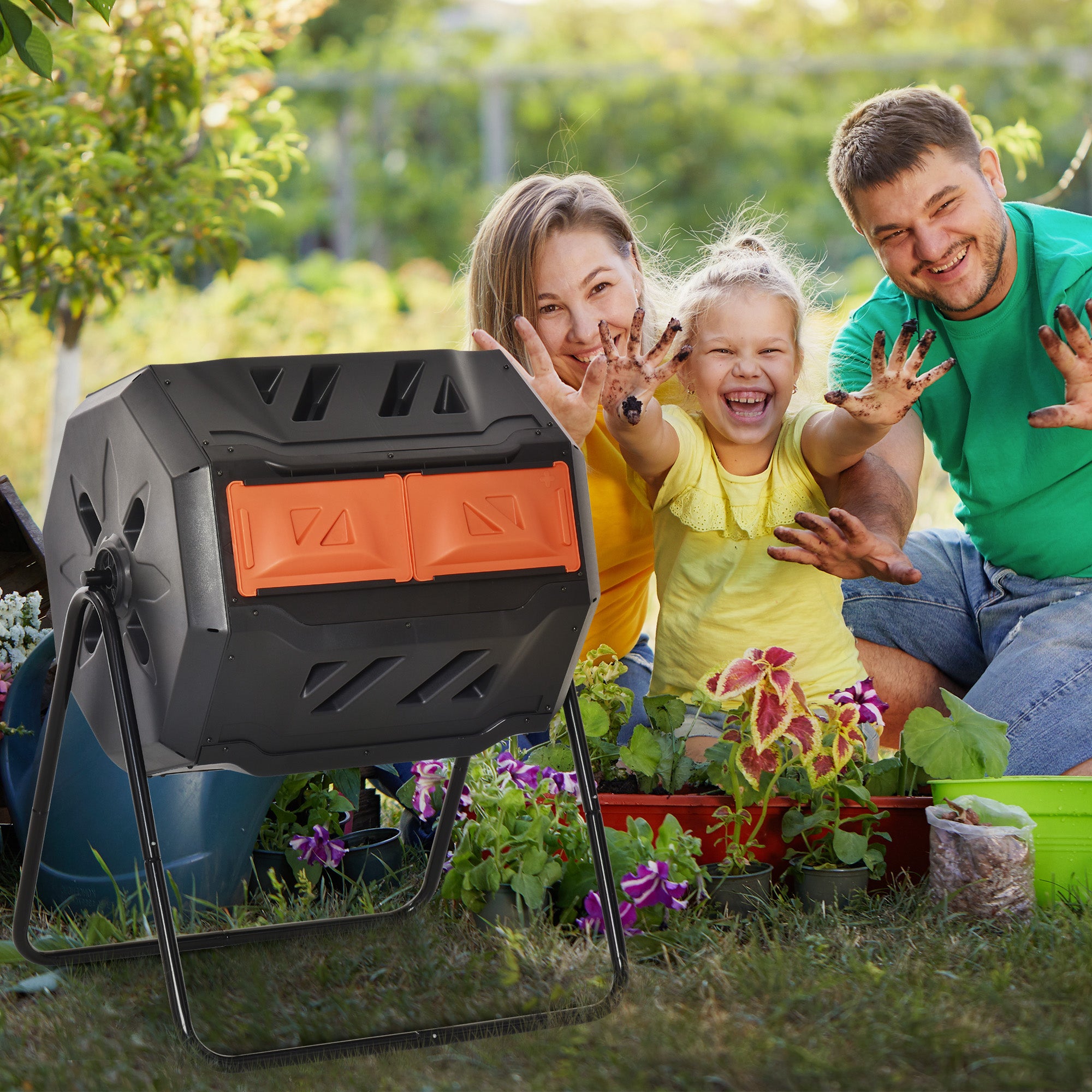 Outsunny 160L Tumbling Compost Bin Outdoor Dual Chamber 360° Rotating Composter, Garden Compost Bin w/ Sliding Doors & Solid Steel Frame, Orange - North Peak Garden Furniture