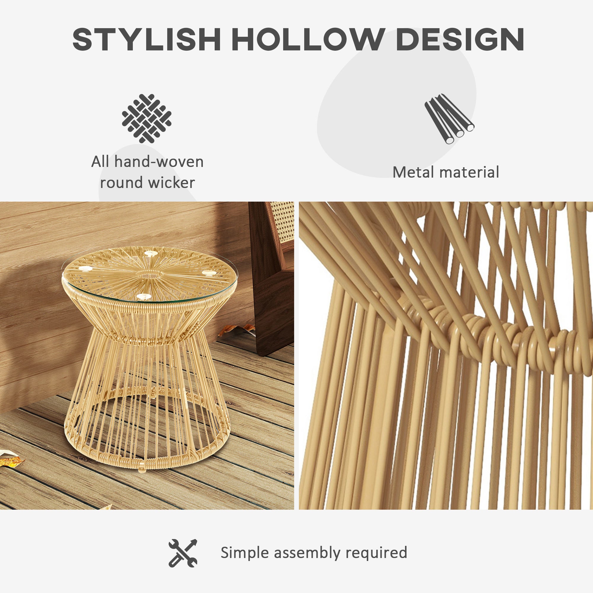 Outsunny Round End Table, Rattan Side Table, Hollow Drum Design Coffee Table w/ Glass Tabletop for Patio, Garden, Balcony Natural - North Peak Garden Furniture
