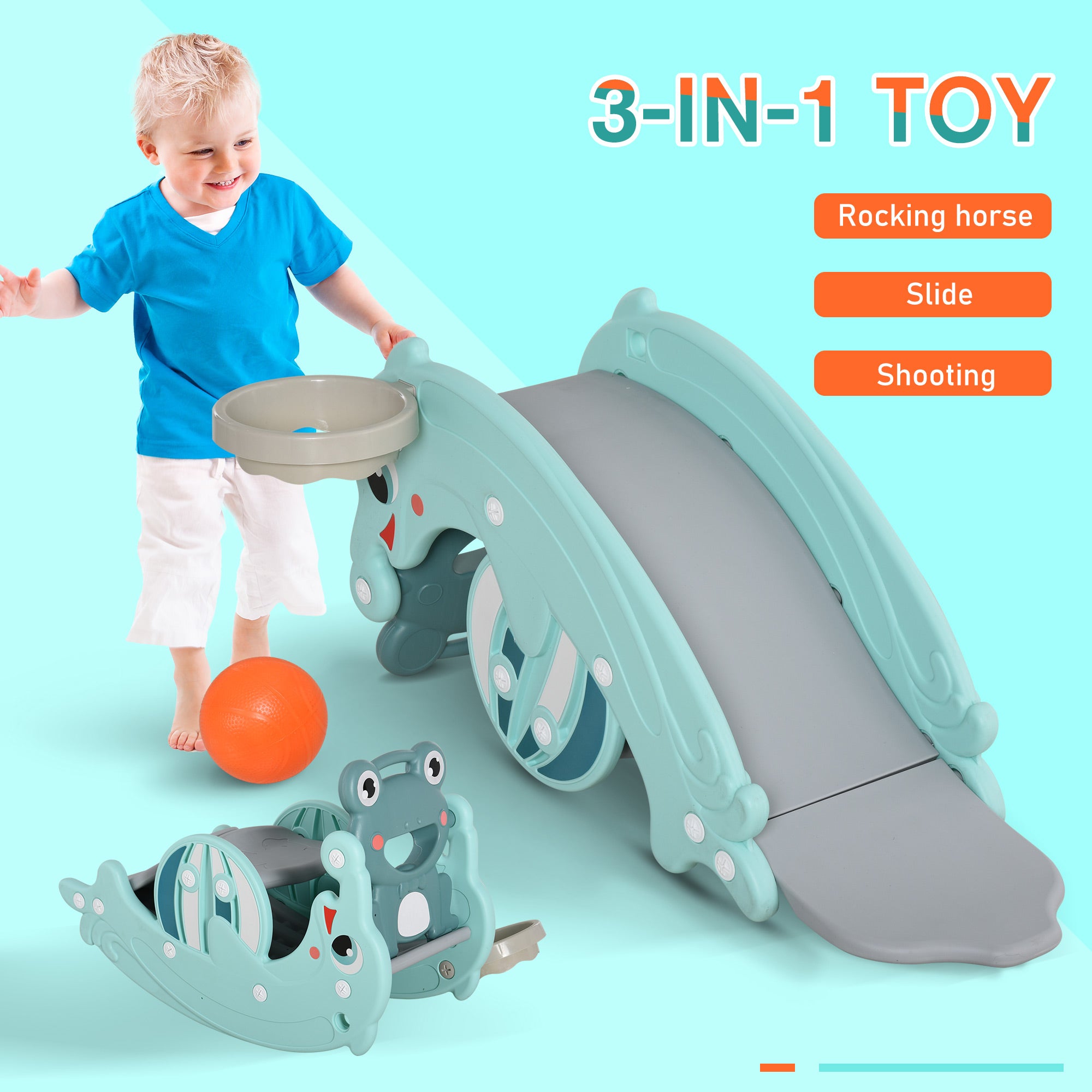 HOMCOM 3-in-1 Baby Rocking Horse Portable Slide Basketball Hoop Equipment Indoor Outdoor Playground Toy, Age 18-36 Months, Green - North Peak Garden Furniture