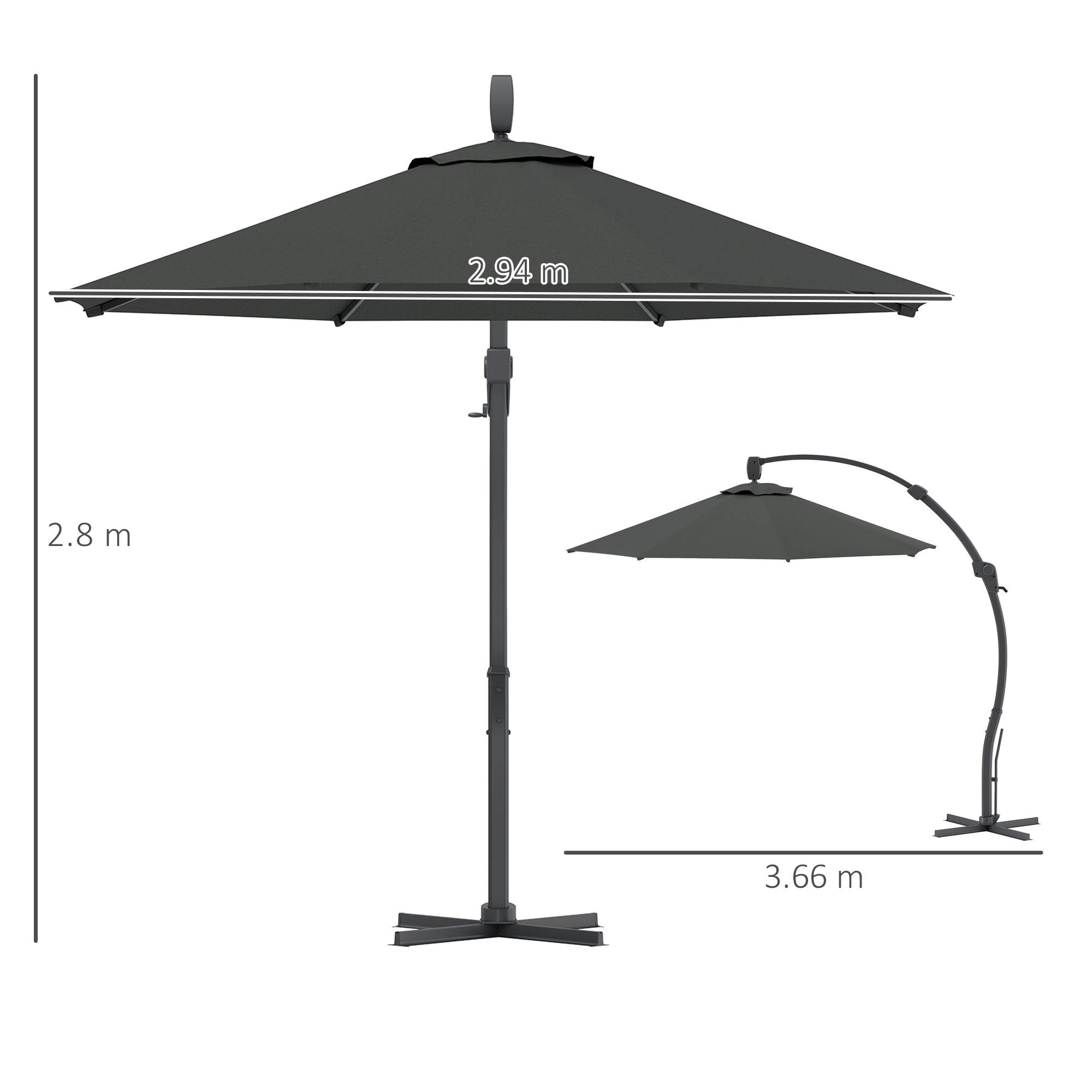 Outsunny 3(m) Garden Cantilever Parasol, Round Overhanging Umbrella with Crank Handle, Cross Base, Aluminium Frame and 360° Rotation, Banana Patio Umbrella for Outdoor Sun Shade, Grey - North Peak Garden Furniture