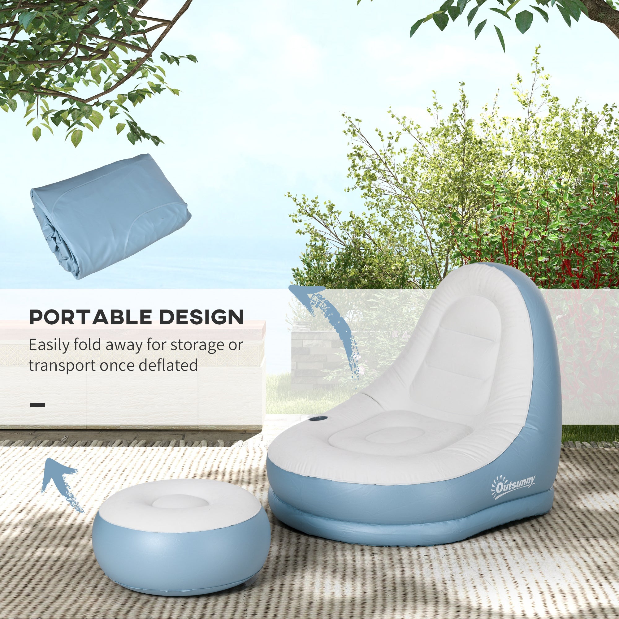 Outsunny Inflatable Tub Chair and Footstool - Blue/White - North Peak Garden Furniture