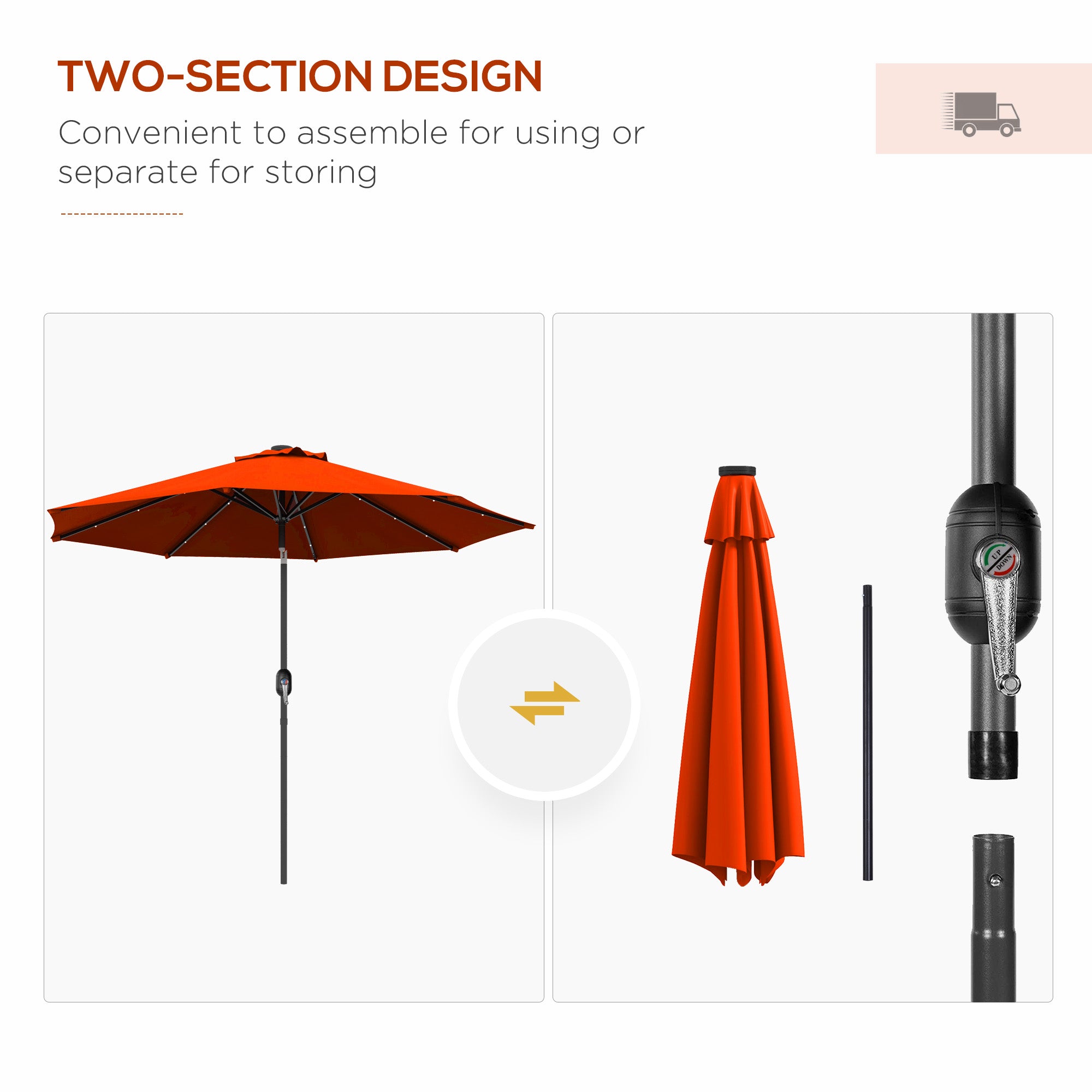 Outsunny 2.7m Outdoor Patio Garden Umbrella Parasol with Tilt Crank and 24 LEDs Lights, Orange - North Peak Garden Furniture