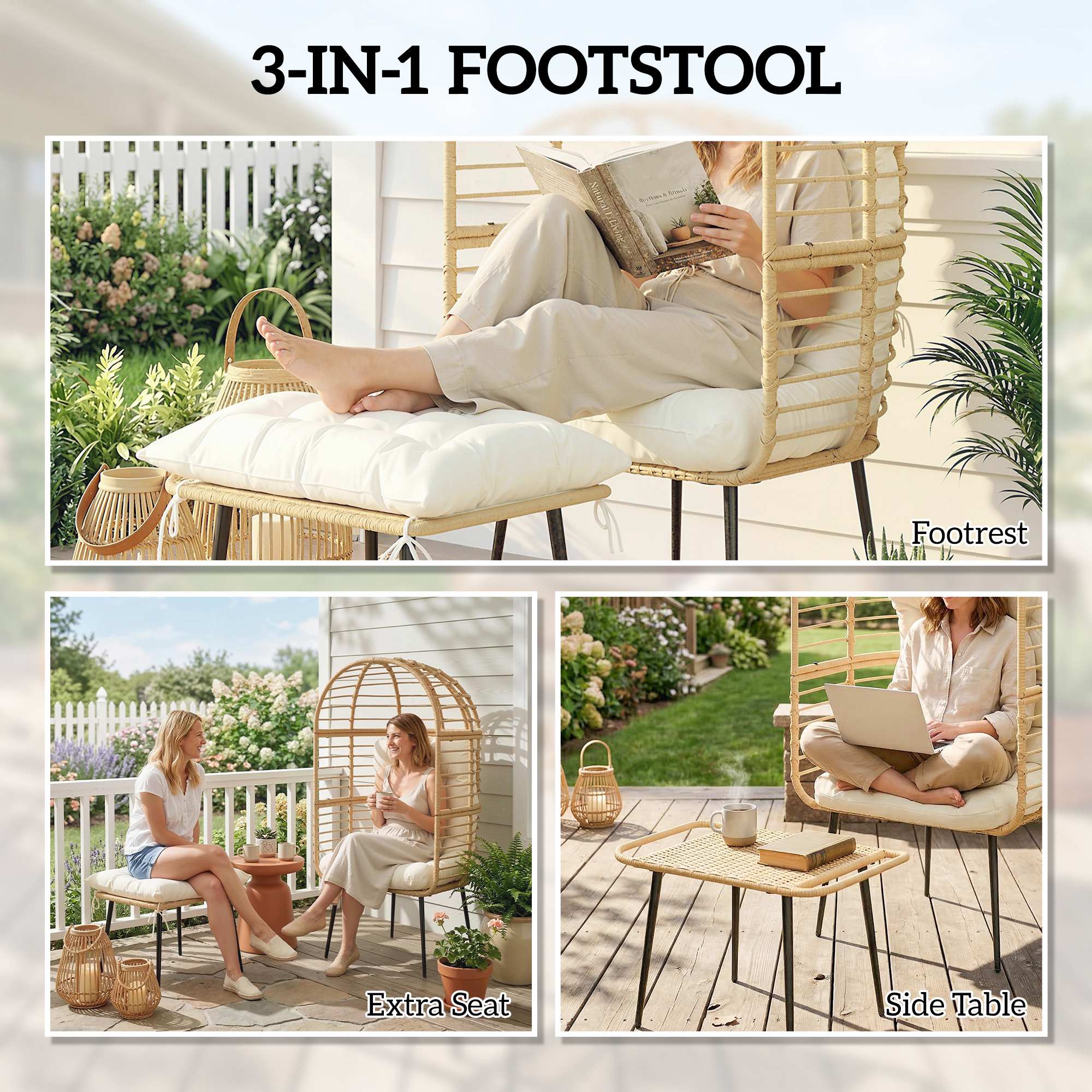 Outsunny Garden Egg Chair with Footstool, Rattan Indoor Outdoor Lounge Chair and Ottoman Set with Thick Cushions, Beige