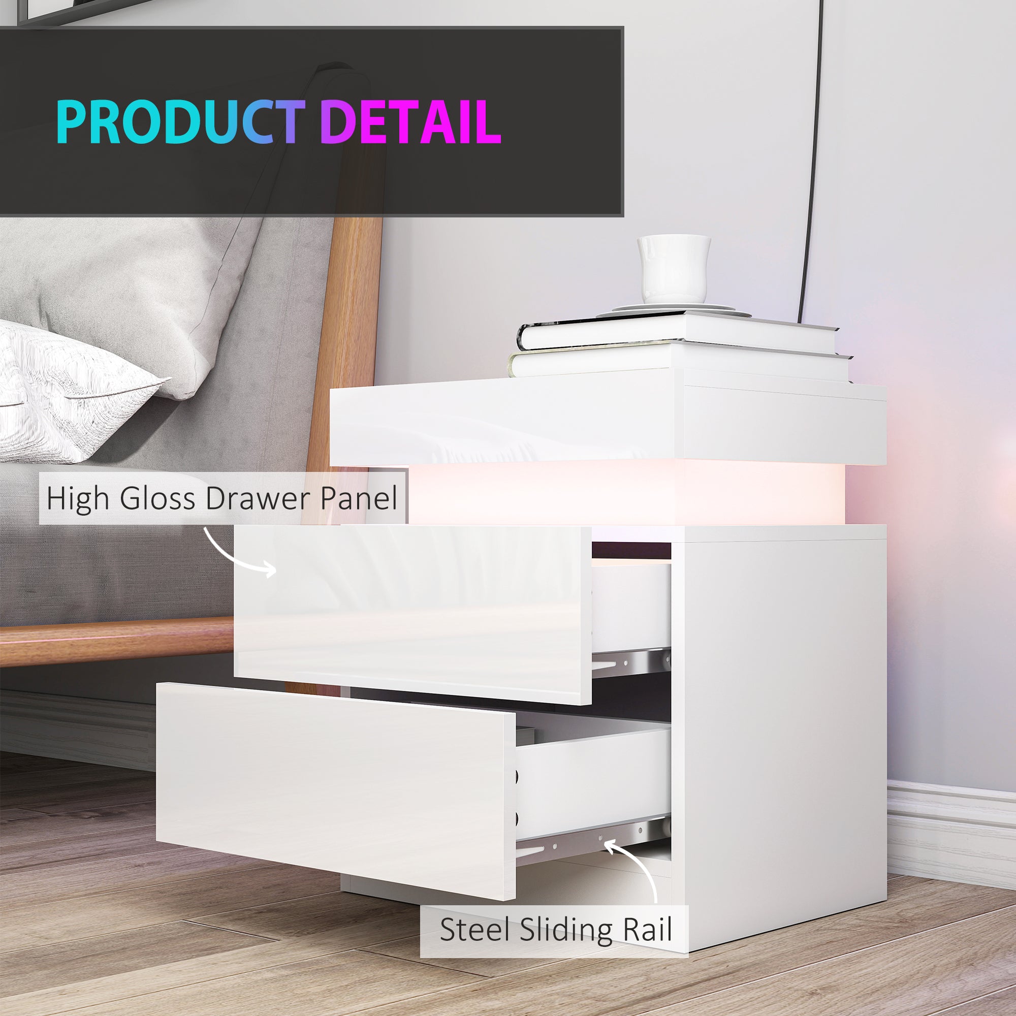 HOMCOM White Bedside Table with LED Light, High Gloss Front Nightstand with 2 Drawers, for Living Room, Bedroom, Set of 2