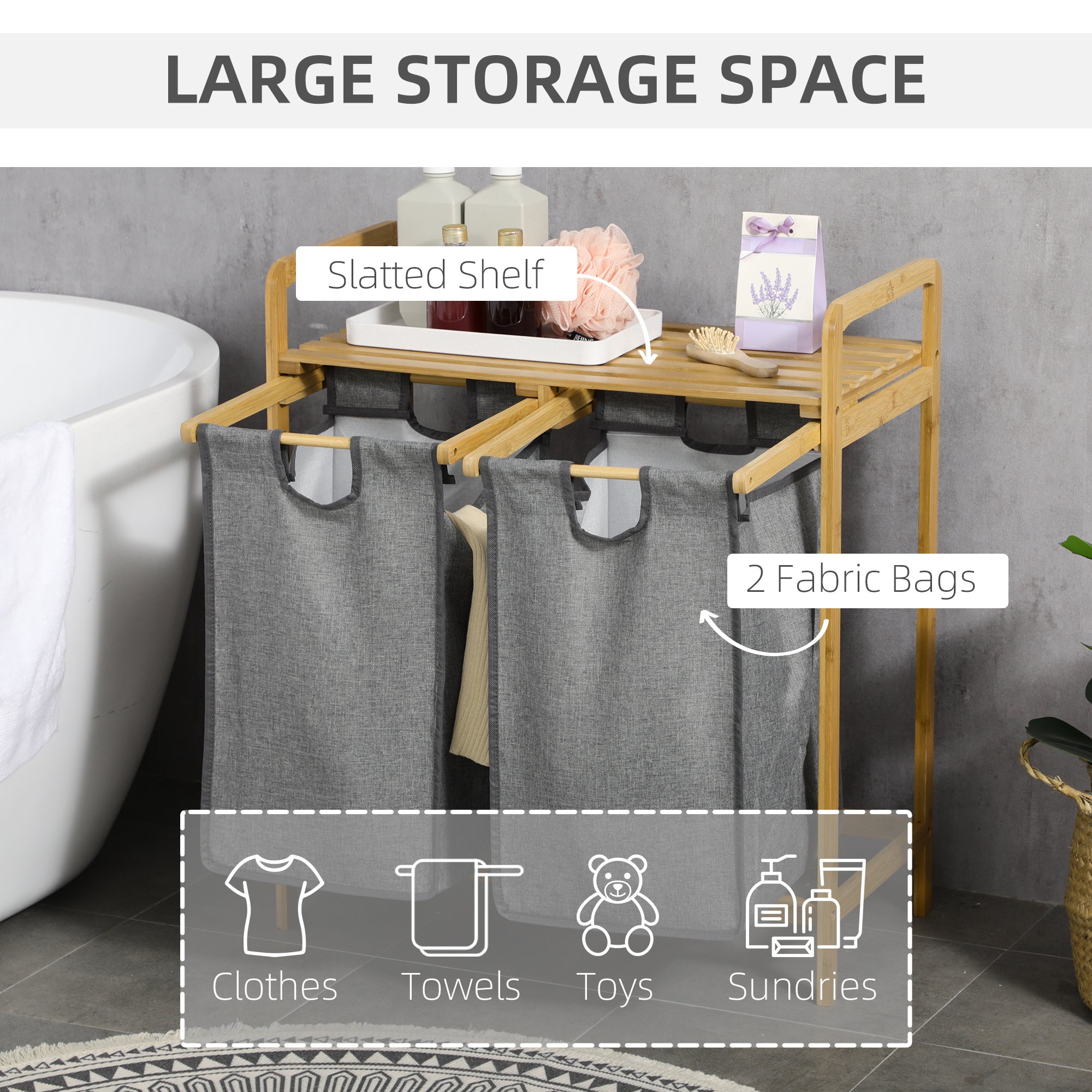 HOMCOM Bamboo Laundry Basket, Laundry Hamper with Shelf, Pull-out Bags for Bedroom, Bathroom, Laundry Room, 64 x 33 x 73 cm, Grey - North Peak Garden Furniture