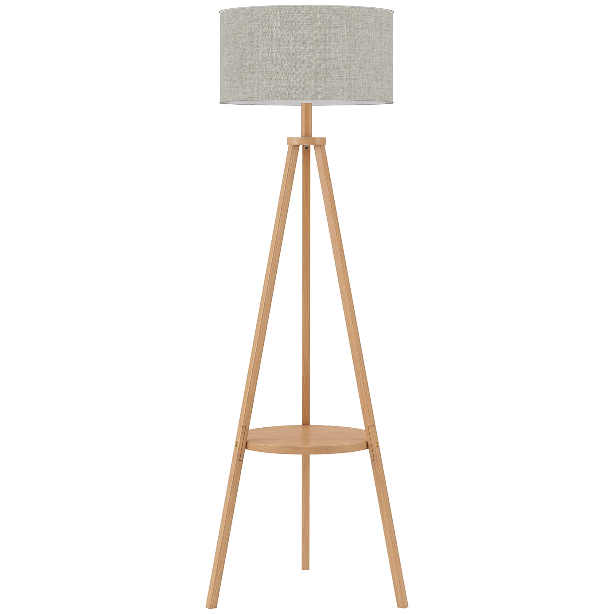 HOMCOM Bedside Light, Tripod Floor Lamp with Storage Shelf and Linen Shade for Living Room, 160cm, Natural Wood Colour