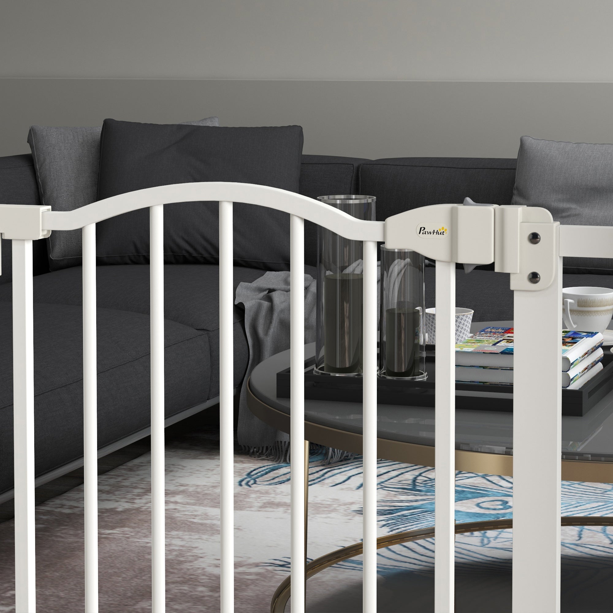 PawHut Metal 74-87cm Adjustable Pet Gate Safety Barrier w/ Auto-Close Door White - North Peak Garden Furniture