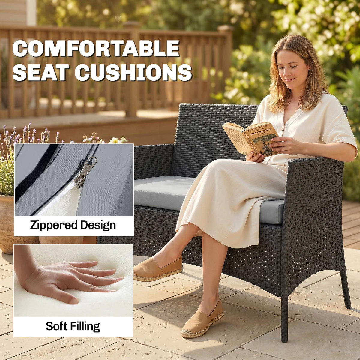 Outsunny 4 Piece Rattan Garden Furniture Sofa Set with Loveseat, Armchairs, Glass-Top Coffee Table and Cushions, Black
