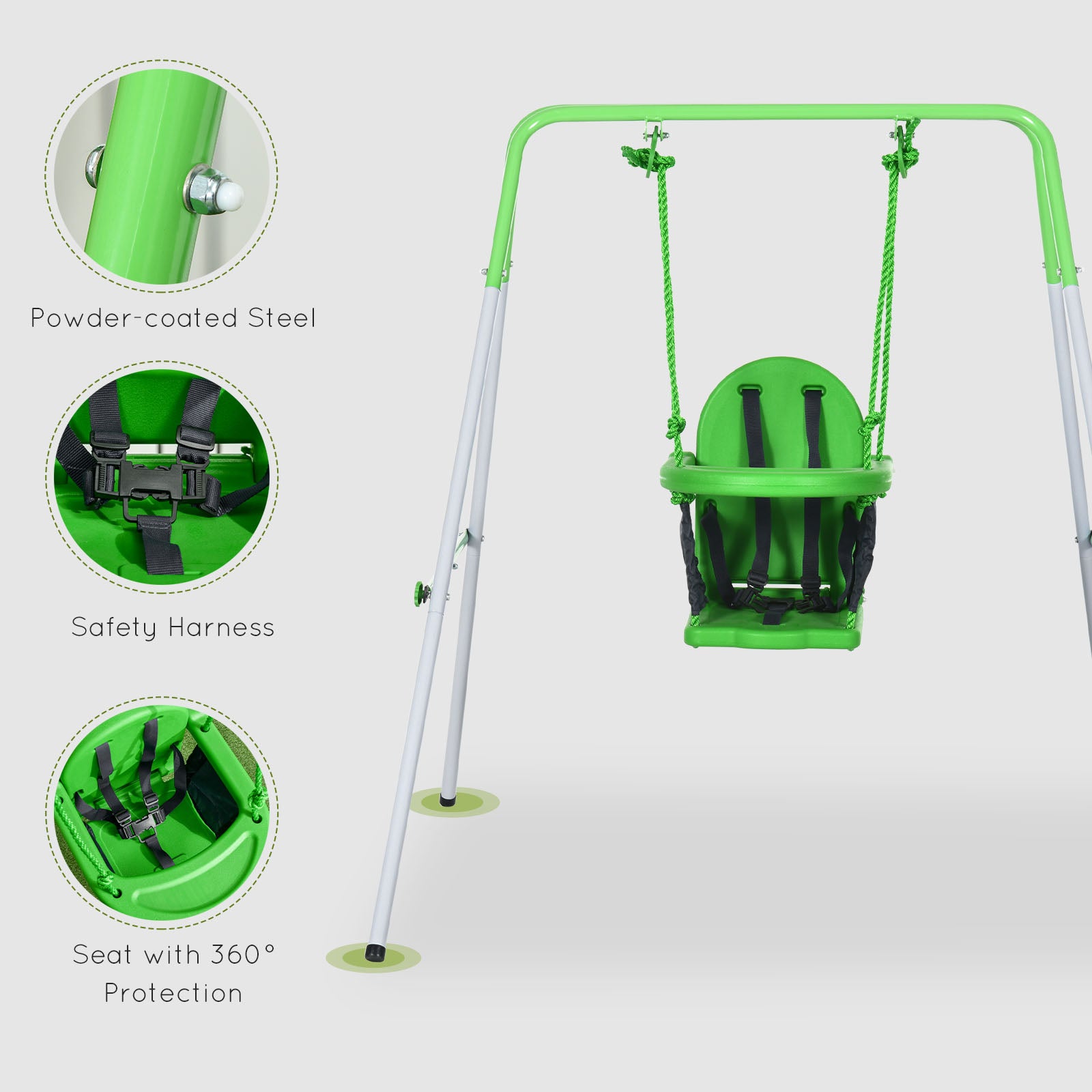 Outsunny Kids Swing, Steel Nursery Swing, with Seatbelt, High Support Back, Front Guard, for Ages 6-36 Months - Green - North Peak Garden Furniture