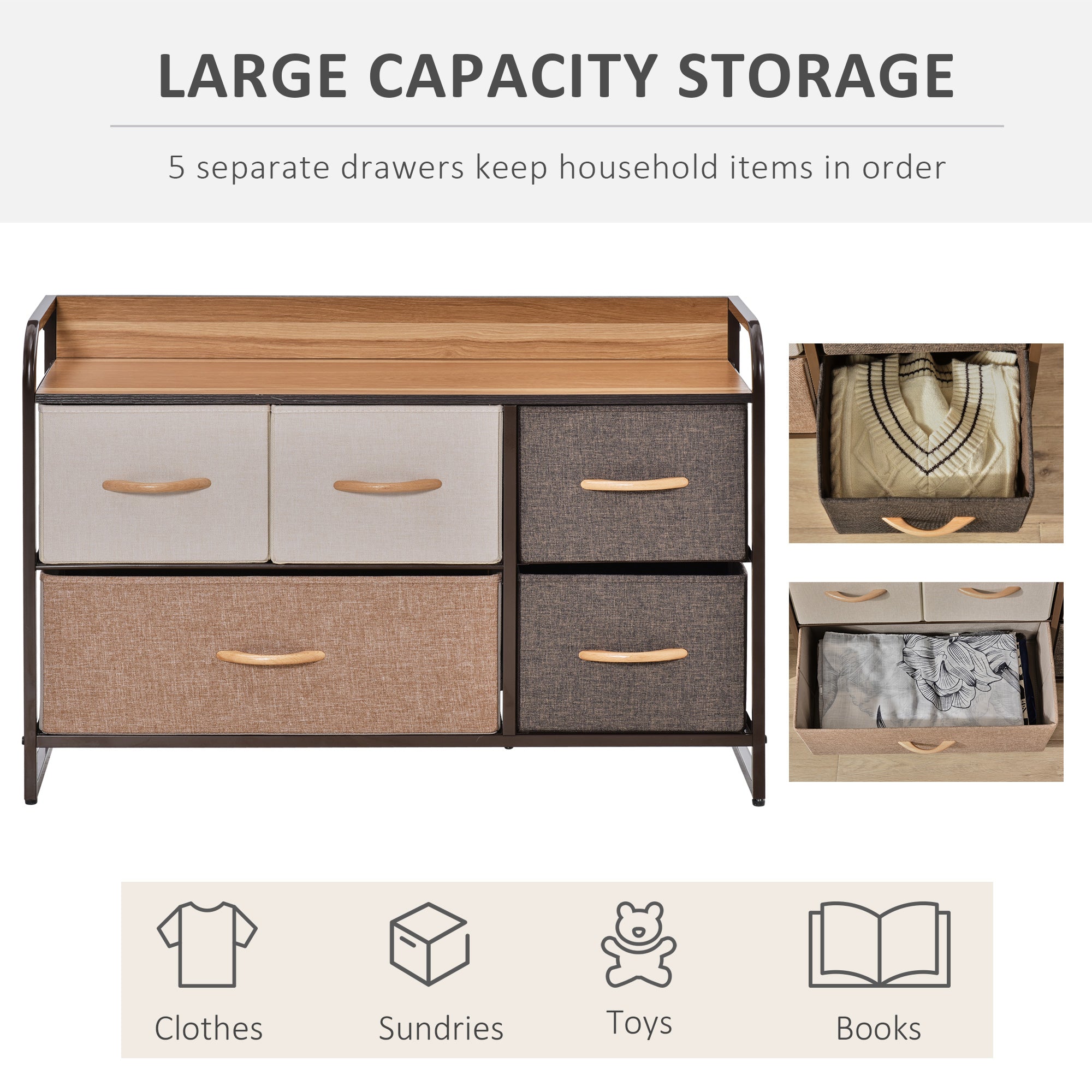 HOMCOM 5-Drawer Dresser, Linen Fabric Chest of Drawers, Dresser Tower Unit for Bedroom Hallway Entryway, Storage Organizer with Steel Frame Wooden Top - North Peak Garden Furniture