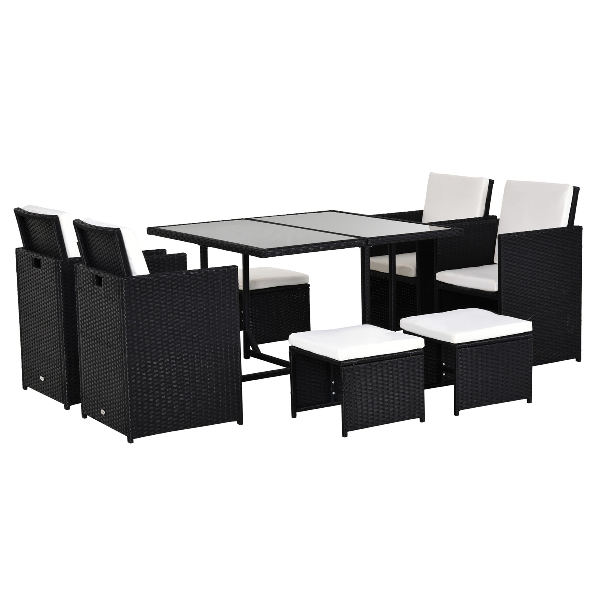 Outsunny 8 Seater Rattan Cube Garden Furniture Set, Rattan Dining Set with Cushions, Outdoor Dining Table and Chairs with 4 Armchairs, 4 Stools, Square Glass Top Table, Black - North Peak Garden Furniture