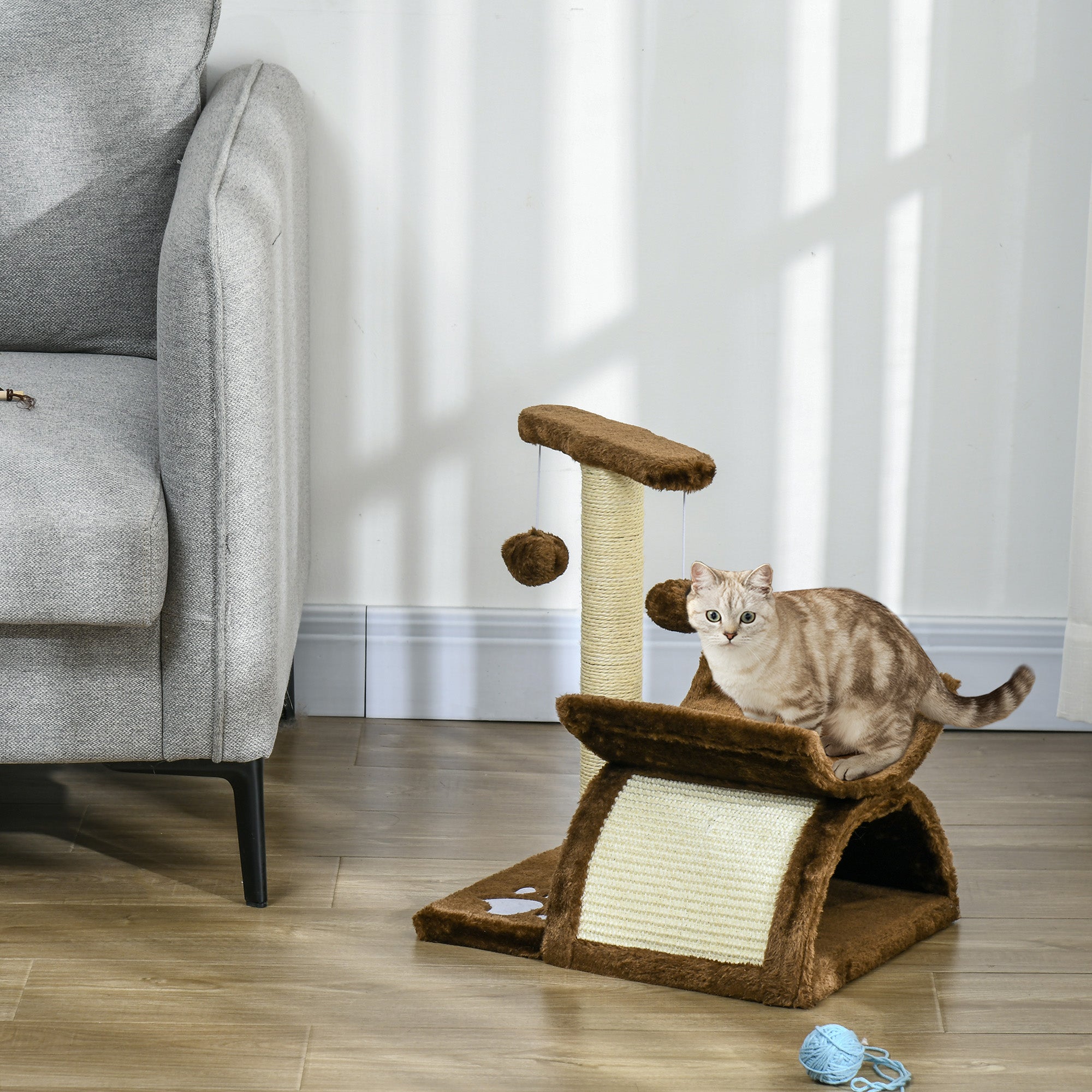 PawHut Cat Tree, Cat Tower for Kittens, Small Cat Condo with Rotatable Top Bar, Sisal Scratching Post, Tunnel, Dangling Balls - Brown - North Peak Garden Furniture