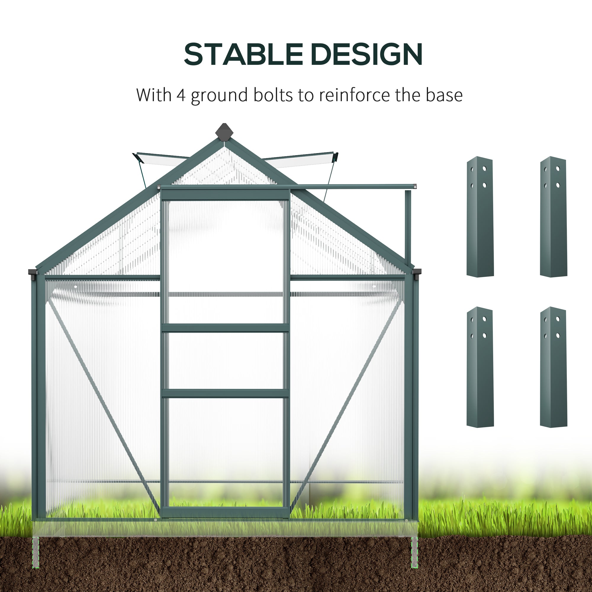 Outsunny 6 x 10ft Polycarbonate Greenhouse, Large Walk-In Green House with Slide Door and Window, Garden Plants Grow House with Aluminium Frame and Foundation, Dark Green - North Peak Garden Furniture