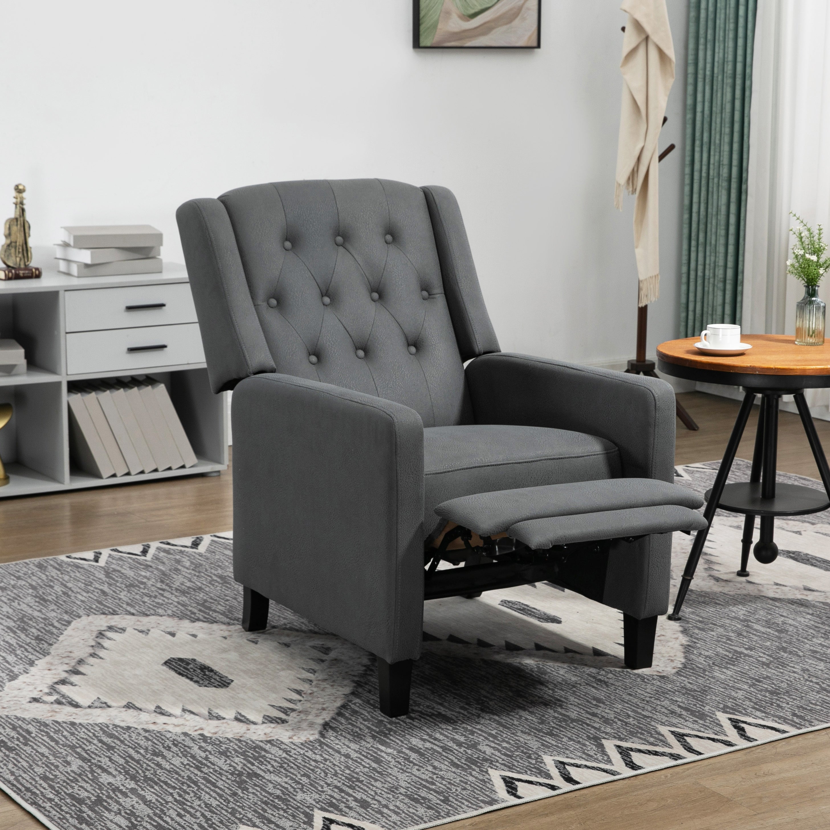 HOMCOM Wingback Recliner Chair for Home Theater, Button Tufted Microfibre Cloth Reclining Armchair with Leg Rest, Deep Grey - North Peak Garden Furniture