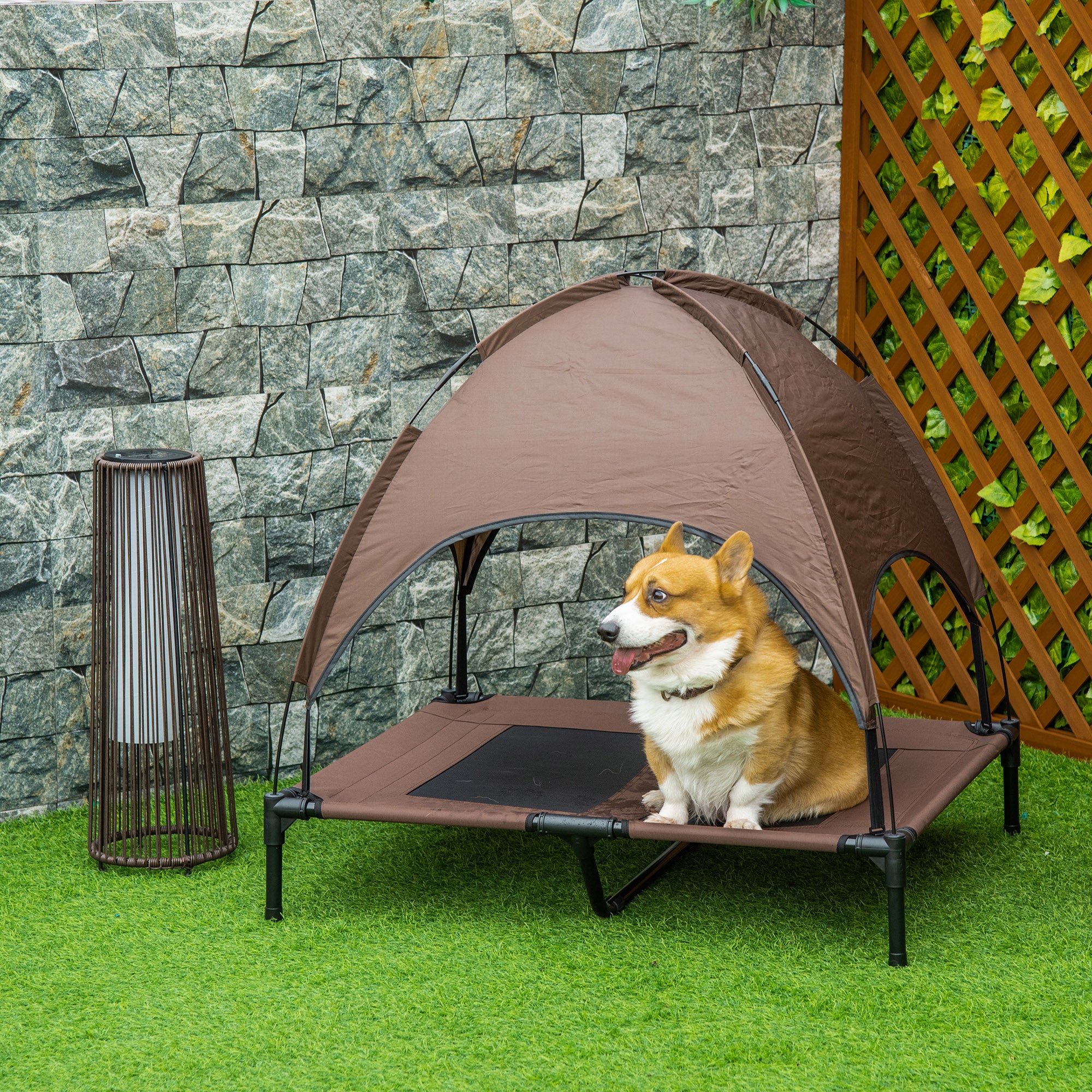 PawHut Raised Dog Bed Waterproof Elevated Pet Cot with Breathable Mesh UV Protection Canopy Coffee, for Large Dogs, 92 x 76 x 90cm - North Peak Garden Furniture