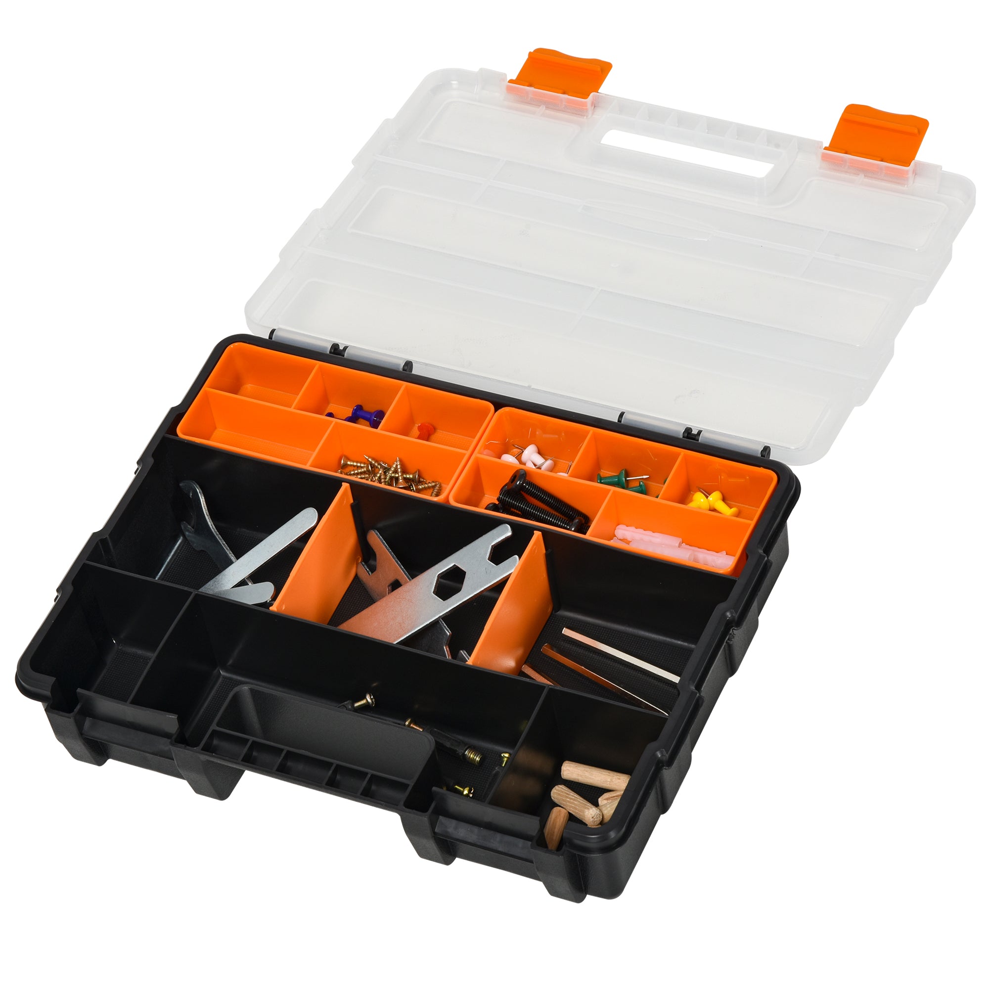 DURHAND Set Of 4 Plastic DIY Tool Storage Boxes w/ Inside Dividers Locking Lids Home Garage Organisation Stacking Arts Crafts Bolts Black Orange - North Peak Garden Furniture
