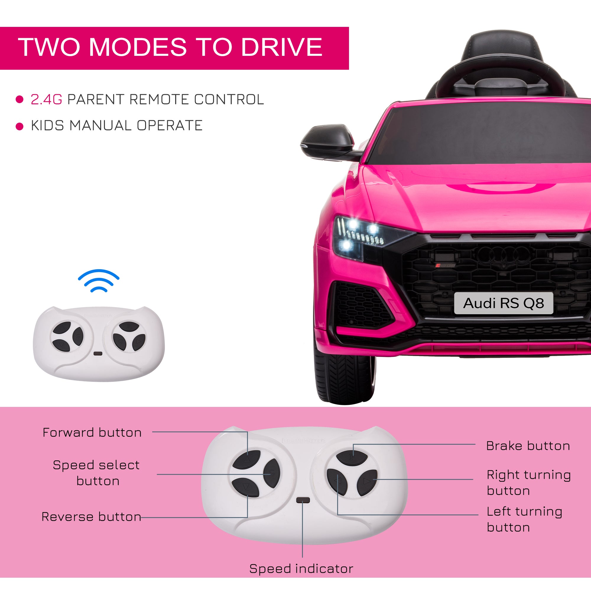 HOMCOM Audi RS Q8 6V Kids Electric Ride On Car Toy w/ Remote USB MP3 Bluetooth Pink - North Peak Garden Furniture