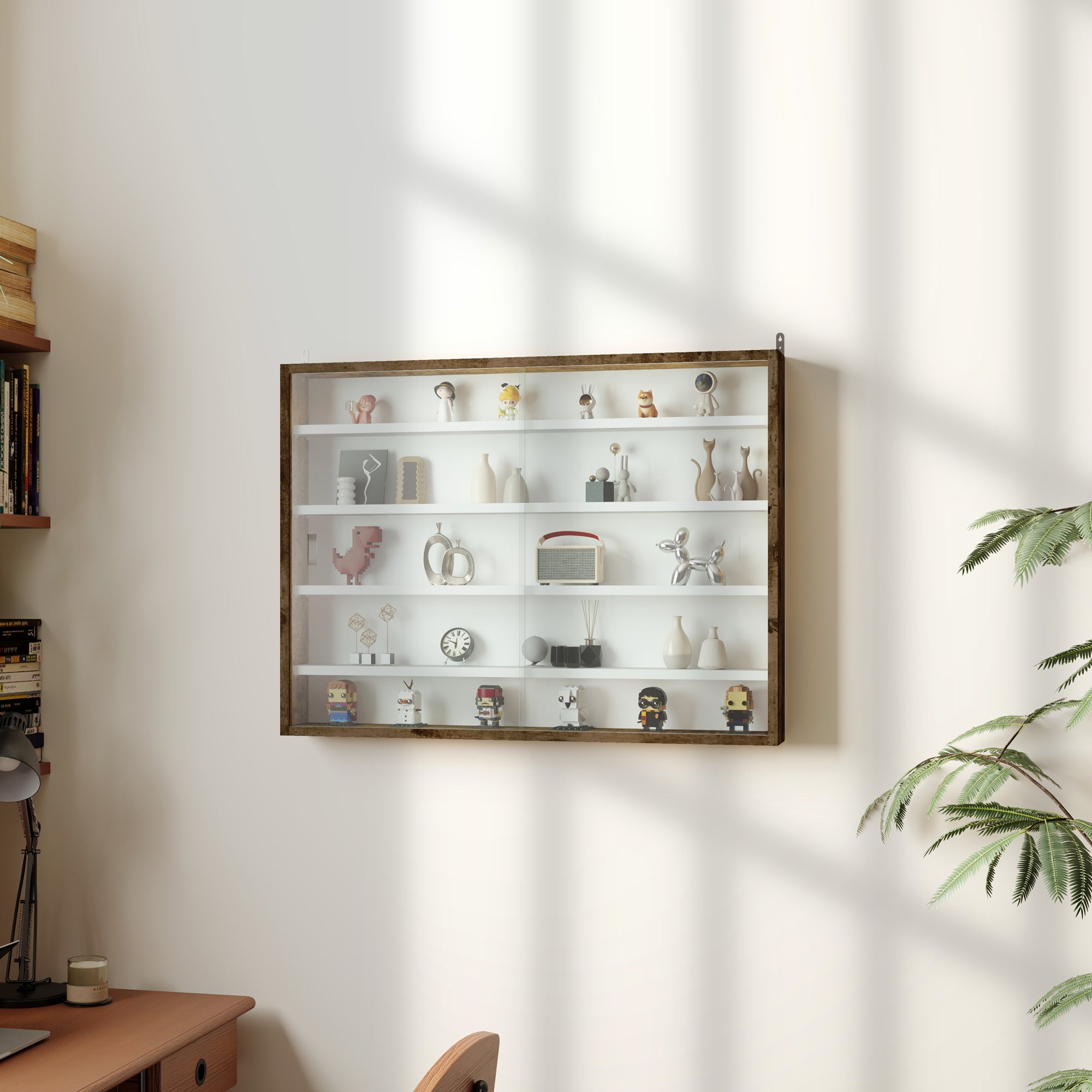 HOMCOM 5-Tier Wall Display Shelf Unit Cabinet w/ 4 Adjustable Shelves Glass Doors Home Office Ornaments 60x80cm Rustic brown - North Peak Garden Furniture