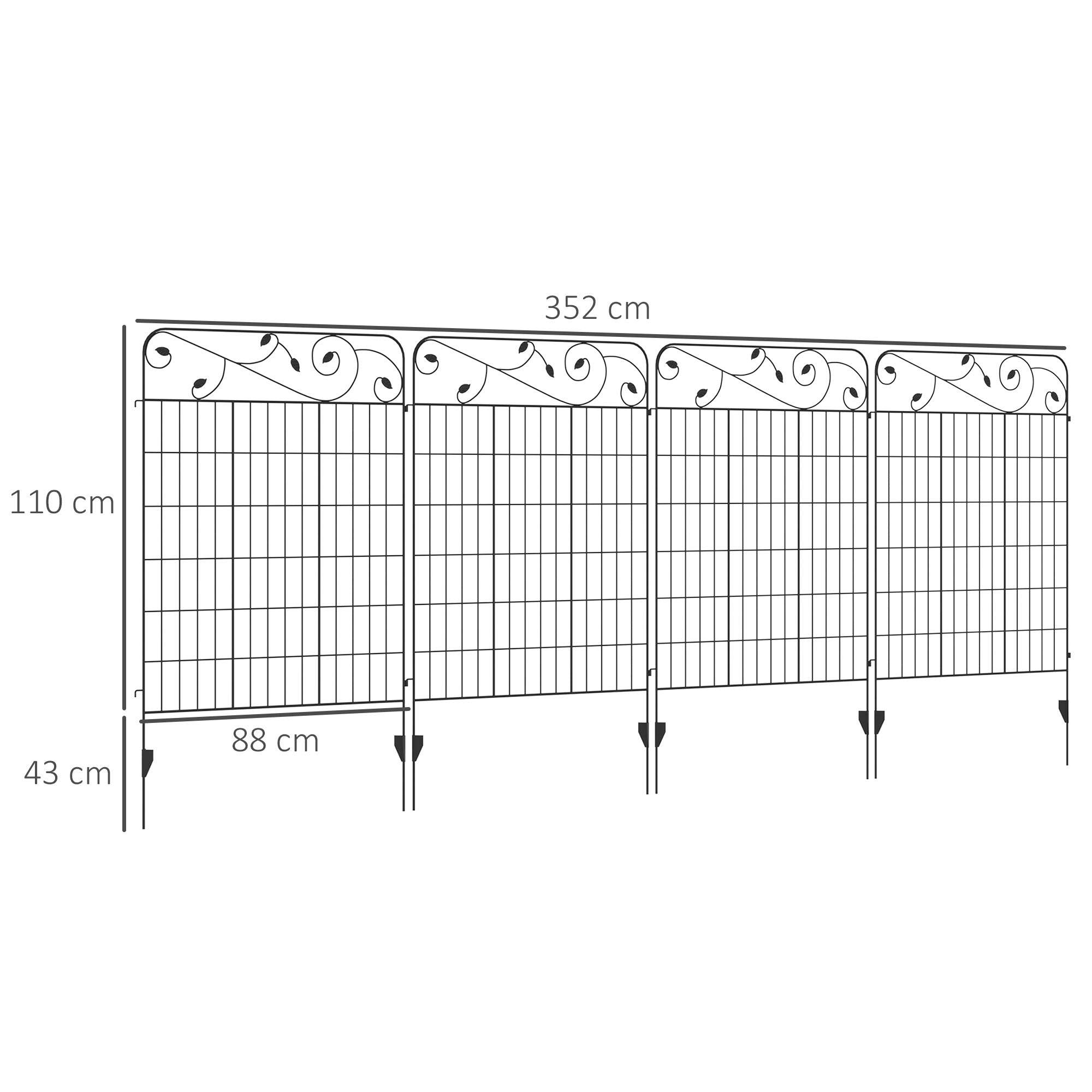 Outsunny Decorative Garden Fencing, 4PCs 43in x 11.5ft Outdoor Picket Fence Panels, Rustproof Metal Wire Landscape Flower Bed Border Edging Animal Barrier, Black - North Peak Garden Furniture