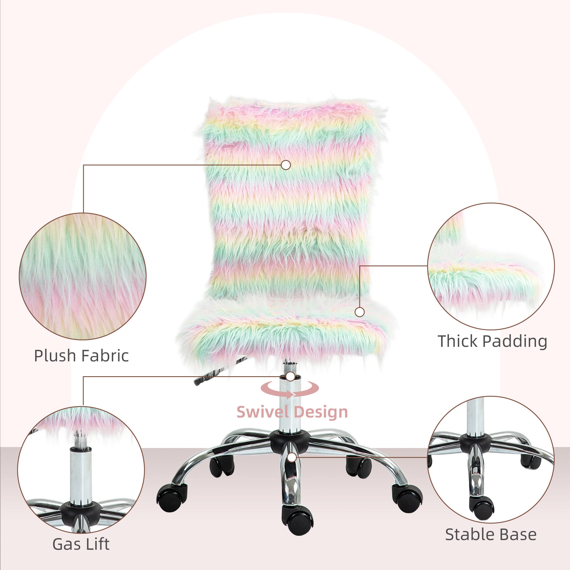 HOMCOM Armless Computer Desk Chair, Fluffy Fabric Swivel Office Chair, Makeup Vanity Chair with Height Adjustable, Wheels, for Home Study Bedroom, Multicolour - North Peak Garden Furniture