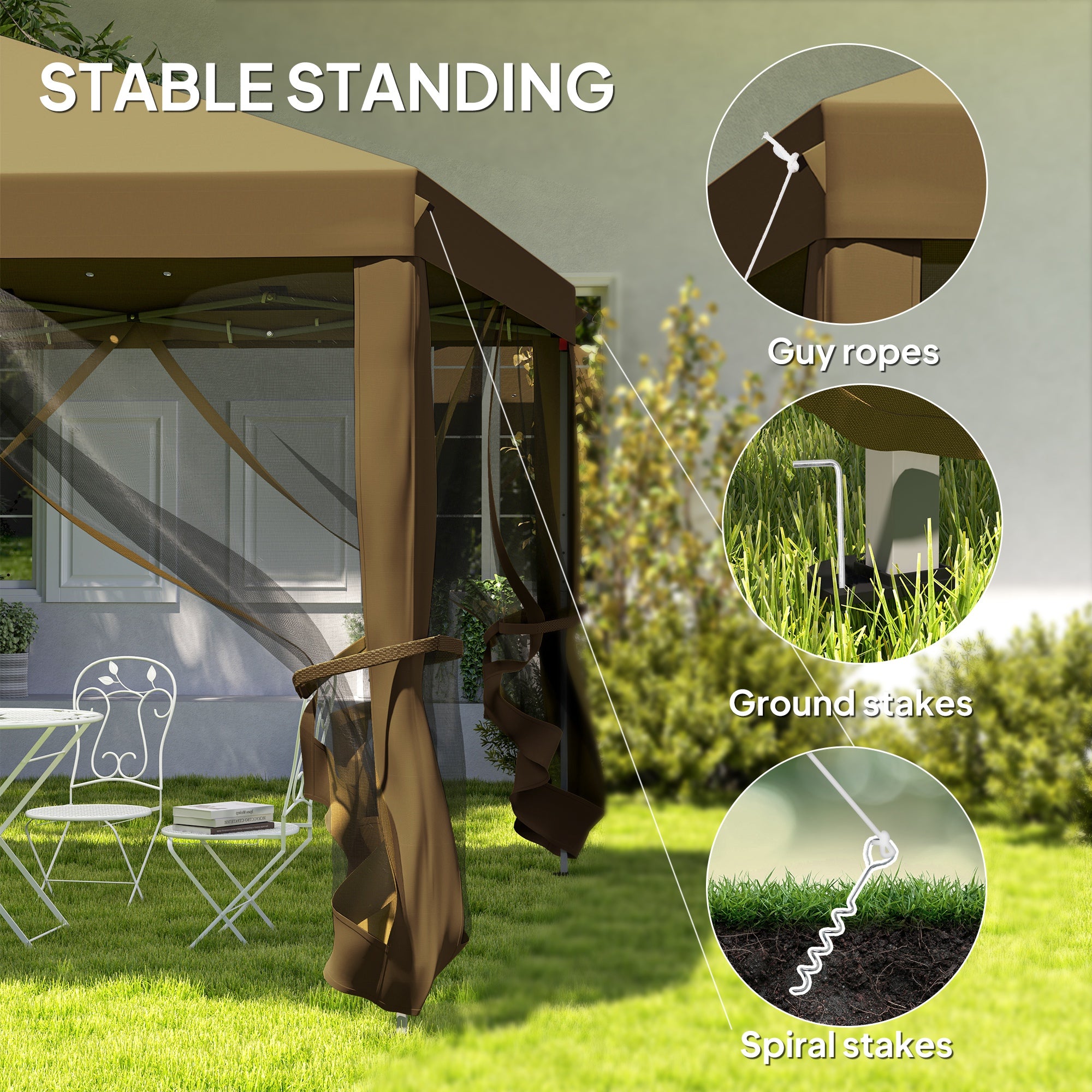 Outsunny 3 x 3 m Pop Up Gazebo, 420D Garden Tent Canopy with Removable Mesh Sidewall Netting, Carry Bag for Garden Patio Outdoor, Khaki - North Peak Garden Furniture