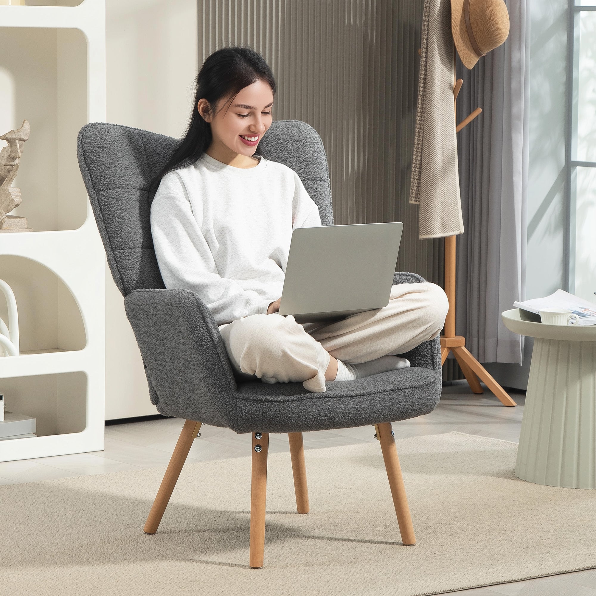 HOMCOM Modern Accent Chair, Upholstered Tufted Wingback Armchair with Seat Padding, Leisure Lounge Bedroom Chair with Wood Legs, Dark Grey - North Peak Garden Furniture
