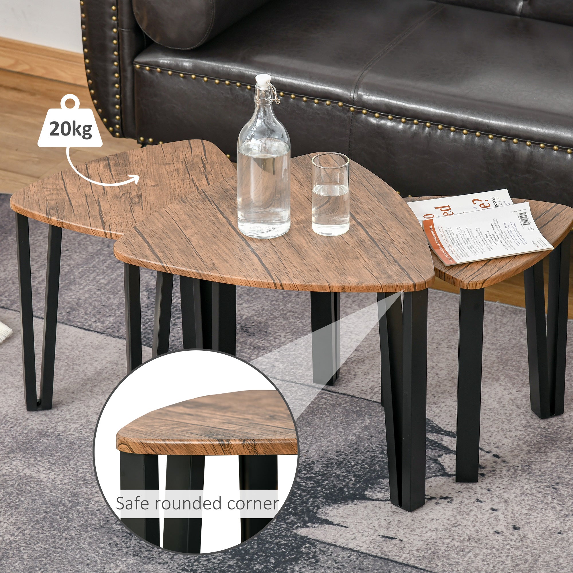 HOMCOM Nest of Tables, Coffee Table Set of 3, Triangle Nesting Tables with Metal Legs, Industrial End Side Table for Living Room, Walnut Wood Grain - North Peak Garden Furniture