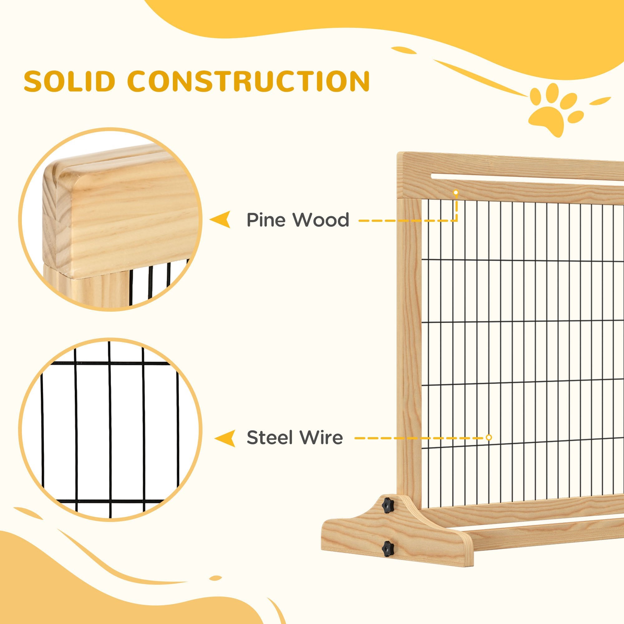 PawHut Freestanding Dog Gate, Foldable Pet Fence, Indoor Wood Barrier, Stair Gate with Support Feet, for Doorway, Hallway, Small and Medium Dogs, 69H x 104-183 cm, Natural Wood Effect - North Peak Garden Furniture