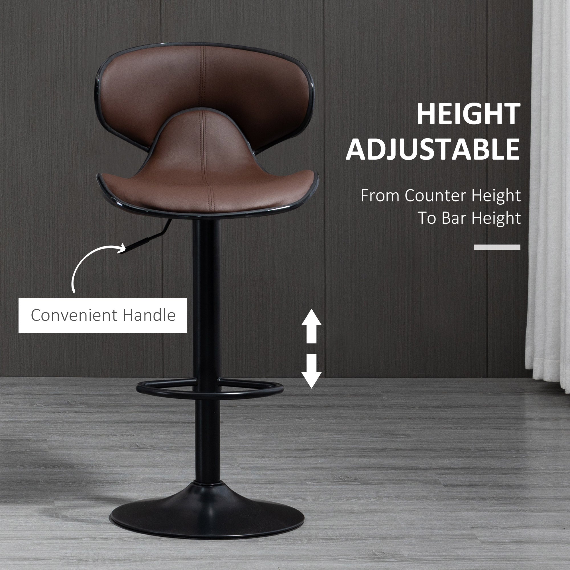 HOMCOM Adjustable Swivel Bar Stools Set of 2, Barstools with Footrest and Backrest, Steel Frame Gas Lift, for Kitchen Counter Dining Room, Brown - North Peak Garden Furniture