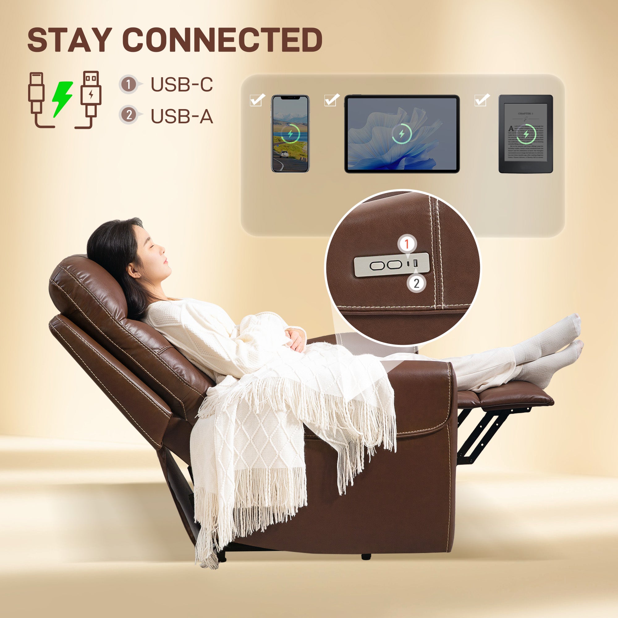 HOMCOM Power Lift Recliner Chair for Elderly, Overstuffed Faux Leather Riser and Reclining Chair with USB A+C Ports, Remote Control, Recliner Armchair for Living Room, Brown - North Peak Garden Furniture