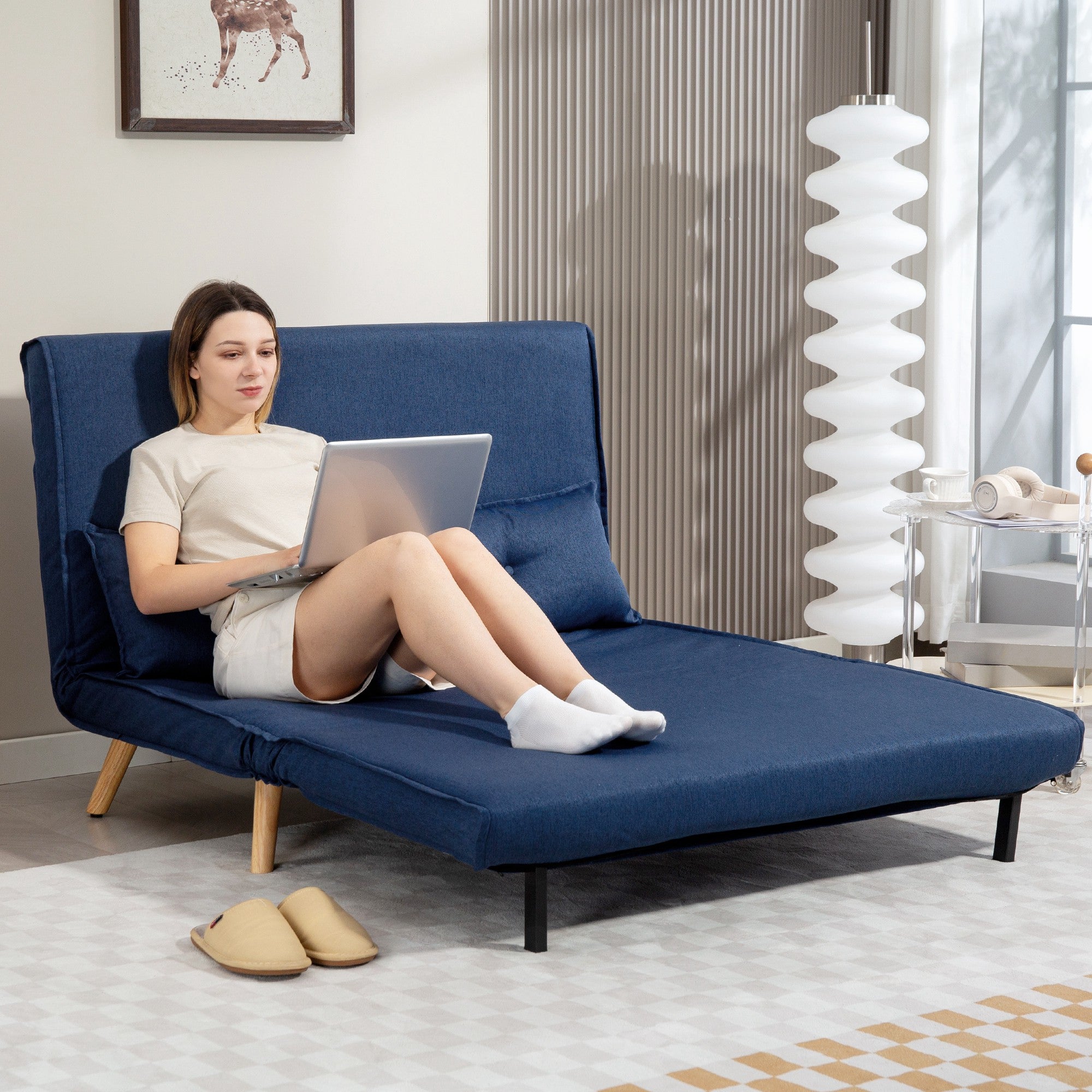 HOMCOM Two-Seater Linen-Look Sofa Bed - Dark Blue