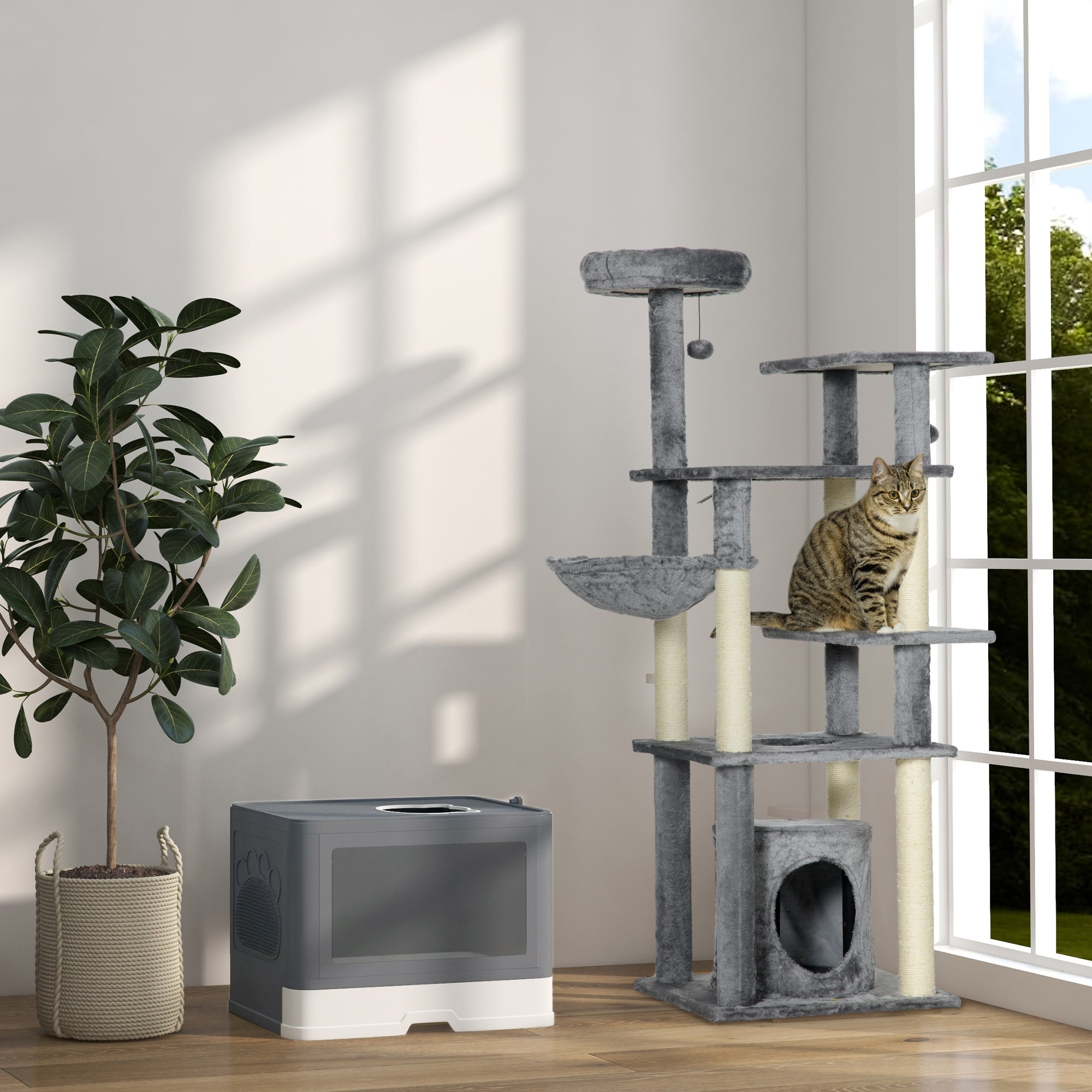 PawHut Enclosed Cat Litter Box with lid, Front Entry, Top Exit, Drawer, Tray, Scoop, Brush, 48.5 x 38 x 36.5cm - Grey - North Peak Garden Furniture