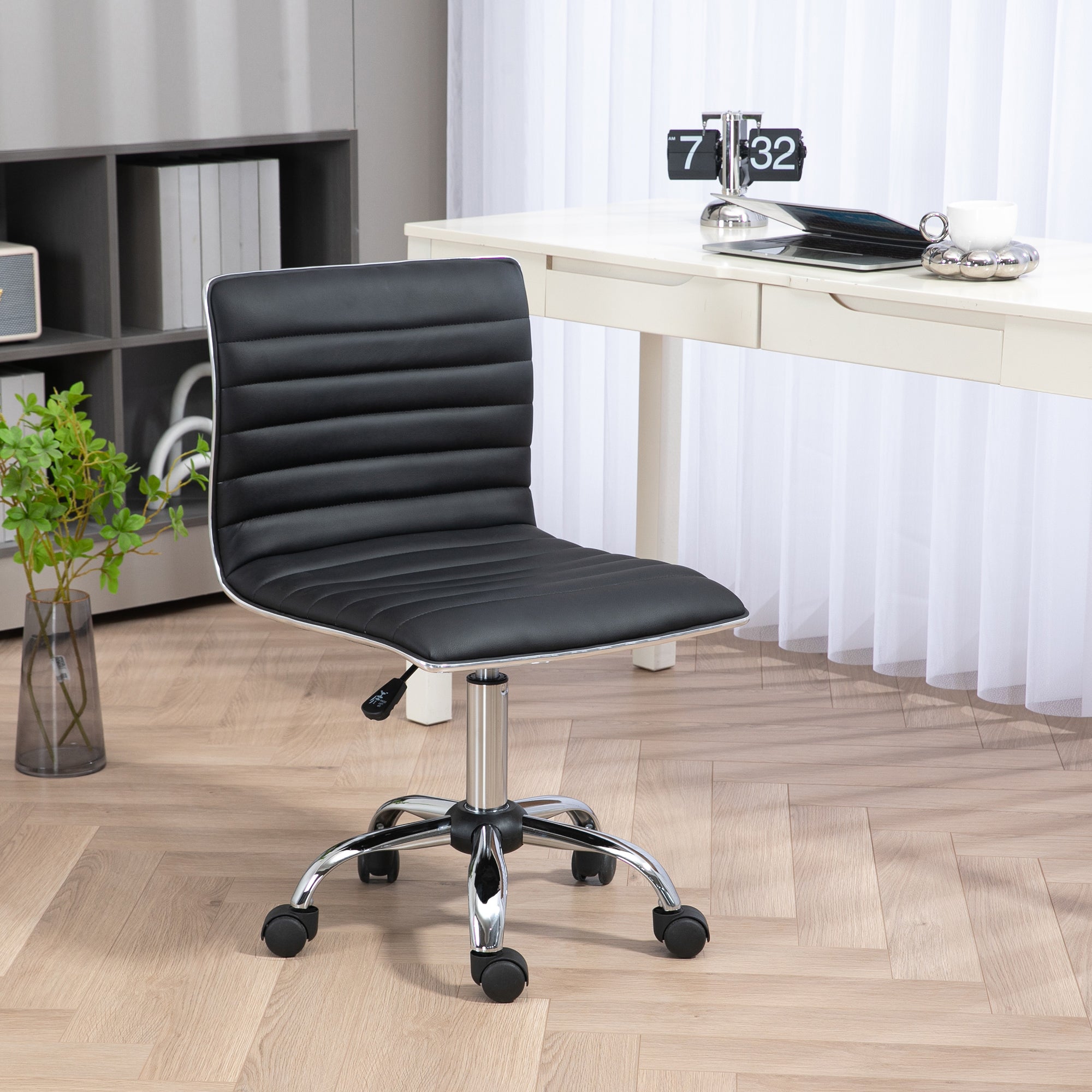 HOMCOM Adjustable Swivel Office Chair with Armless Mid-Back in PU Leather and Chrome Base - Black - North Peak Garden Furniture