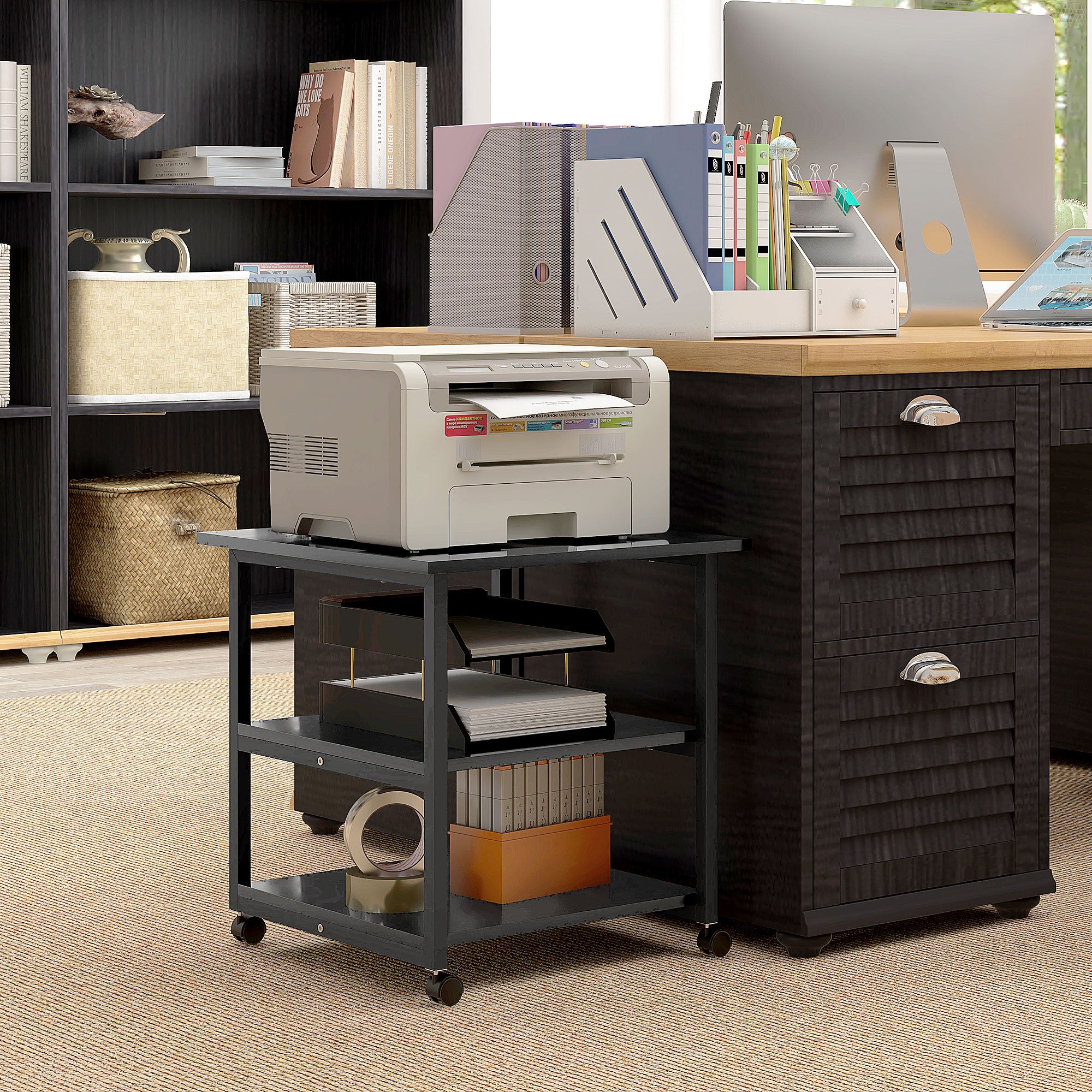 HOMCOM Three-Tier Steel Printer Stand, with Wheels - Black - North Peak Garden Furniture