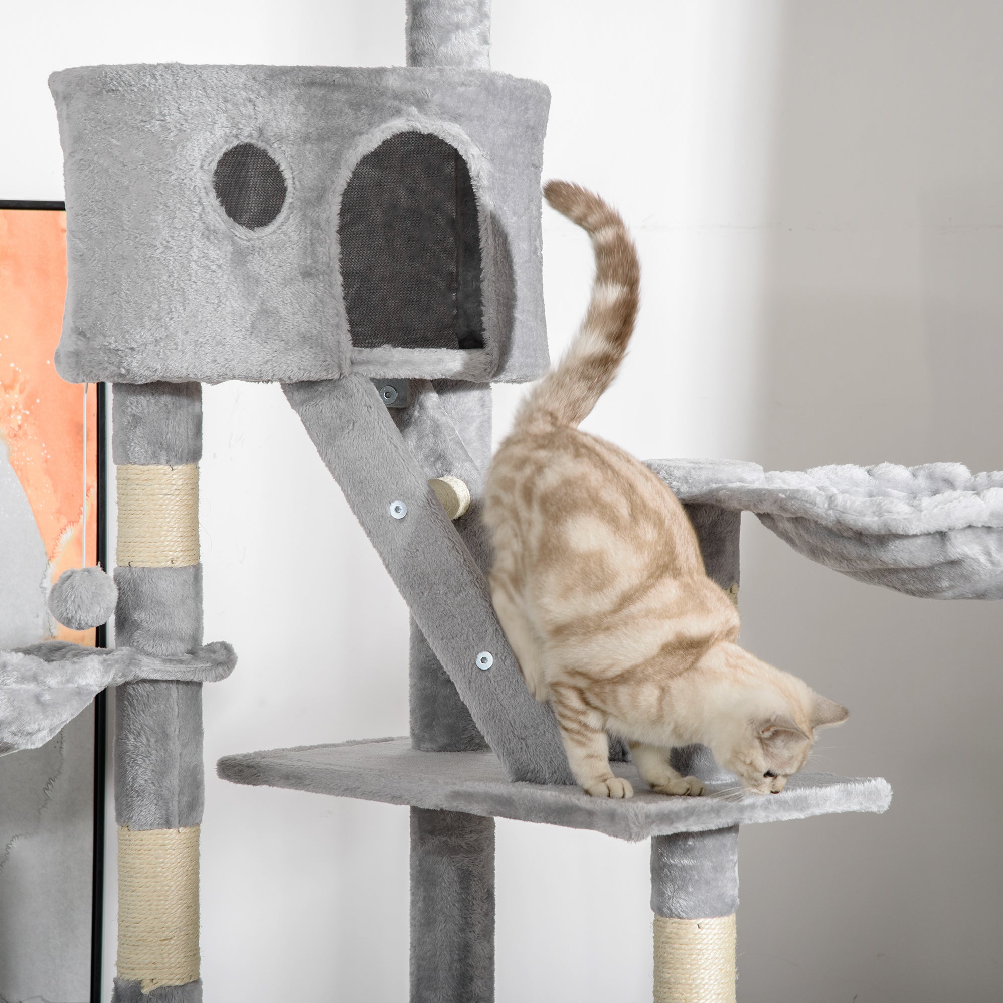 PawHut Floor to Ceiling Cat Tree for Indoor Cats, 240-260cm, Adjustable Height - Light Grey - North Peak Garden Furniture