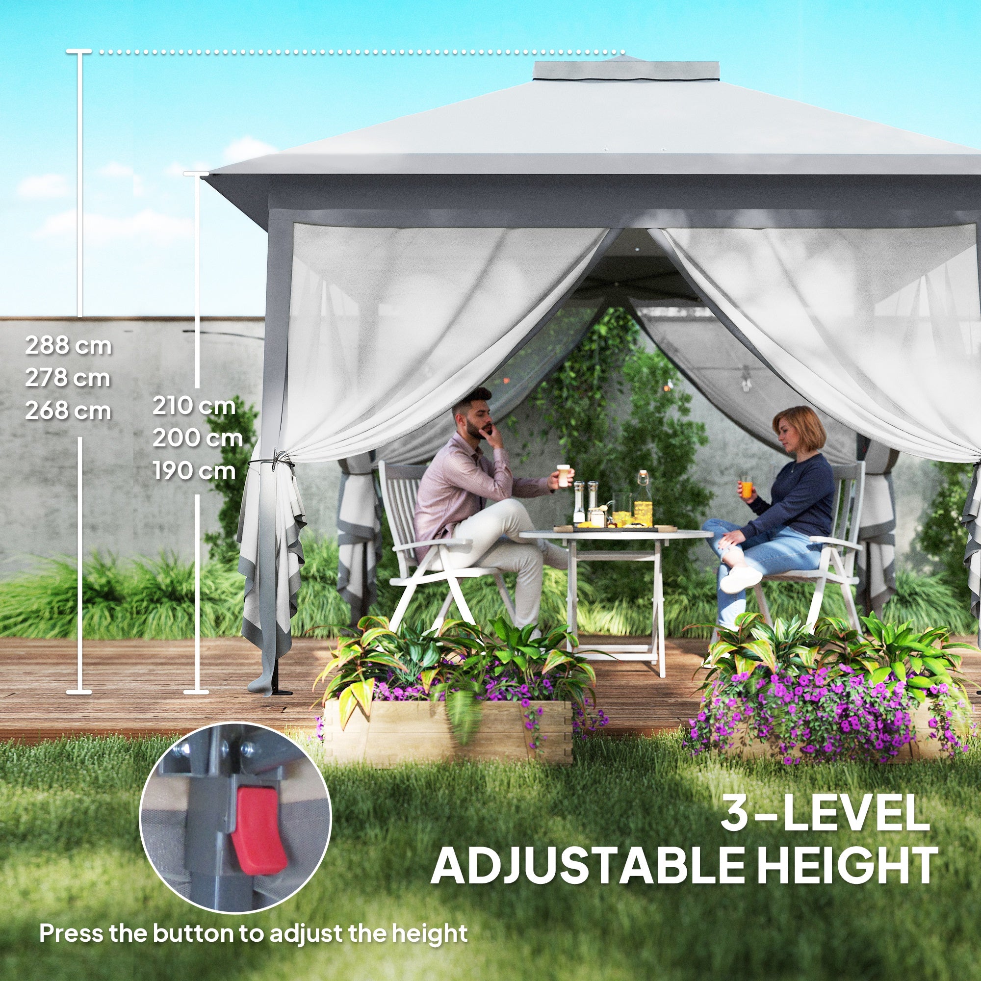 Outsunny 330cm x 330cm Pop Up Canopy, Double Roof Foldable Canopy Tent with Zipped Mesh Sidewalls, Height Adjustable and Carrying Bag, Event Tent for Patio Garden, Grey