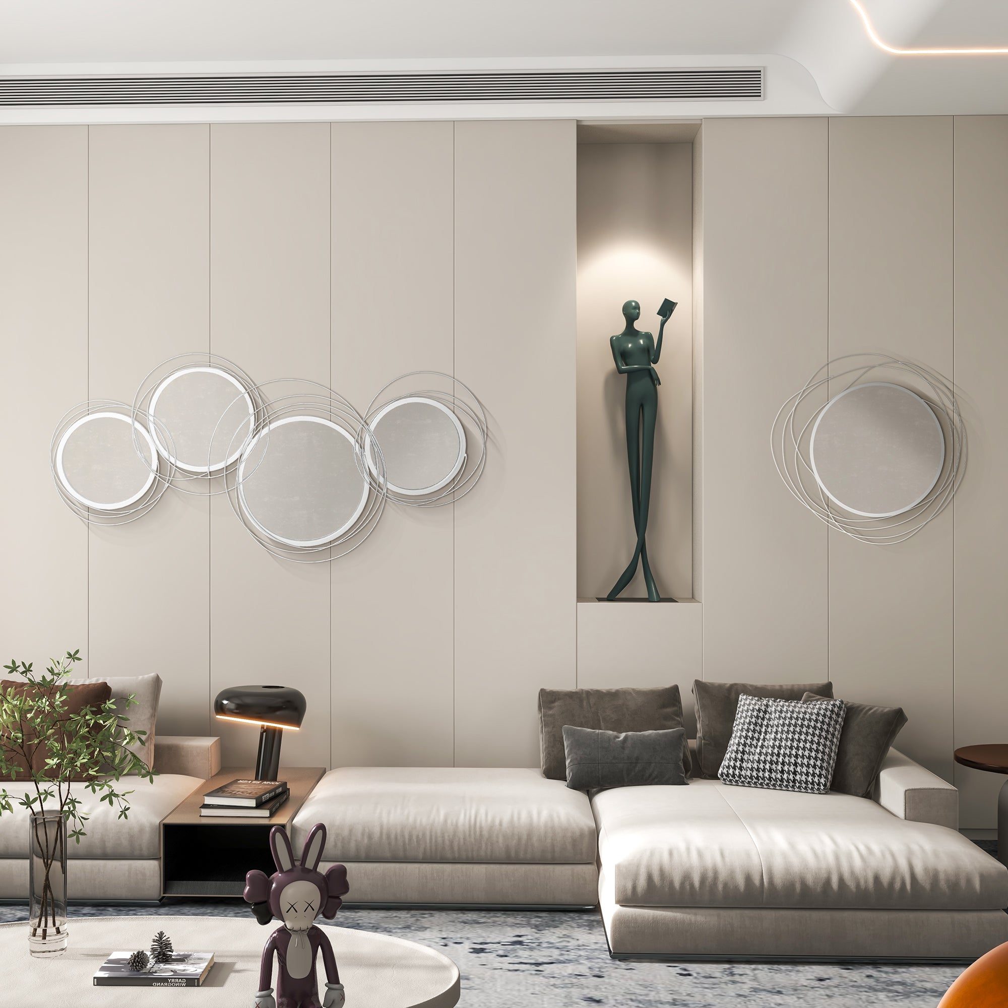 HOMCOM Abstract Metal Wire Wall Mirror, with Accessories - Silver - North Peak Garden Furniture