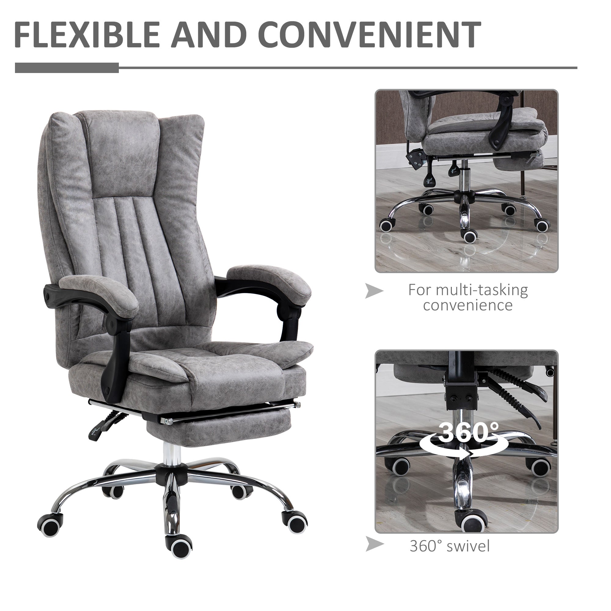 Vinsetto Home Office Chair Microfibre Desk Chair with Reclining Function Armrests Swivel Wheels Footrest Grey - North Peak Garden Furniture
