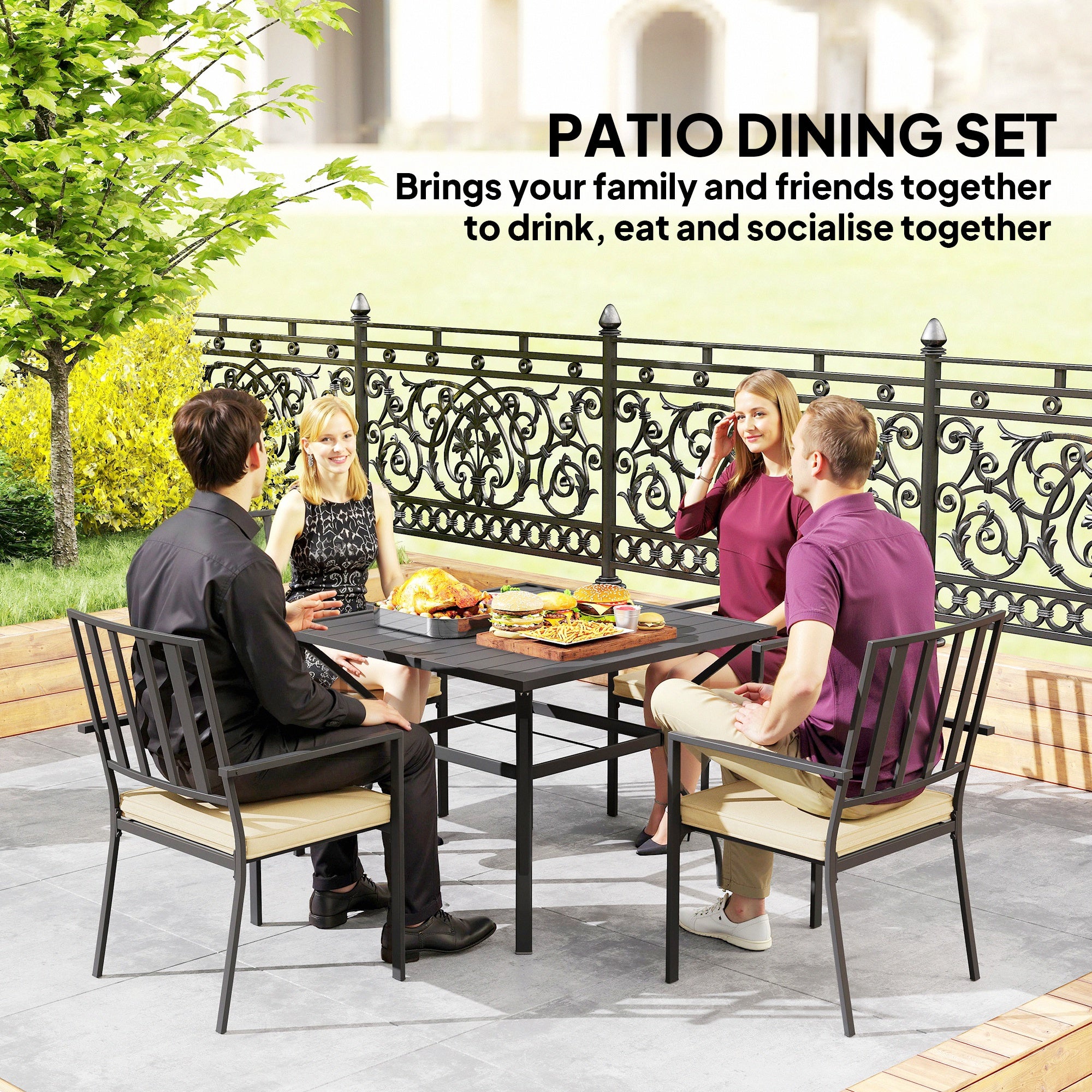 Outsunny 5 Pieces Garden Dining Set with Cushions, Outdoor Patio Table and 4 Stackable Chairs, Metal Top Table with Umbrella Hole, Black - North Peak Garden Furniture