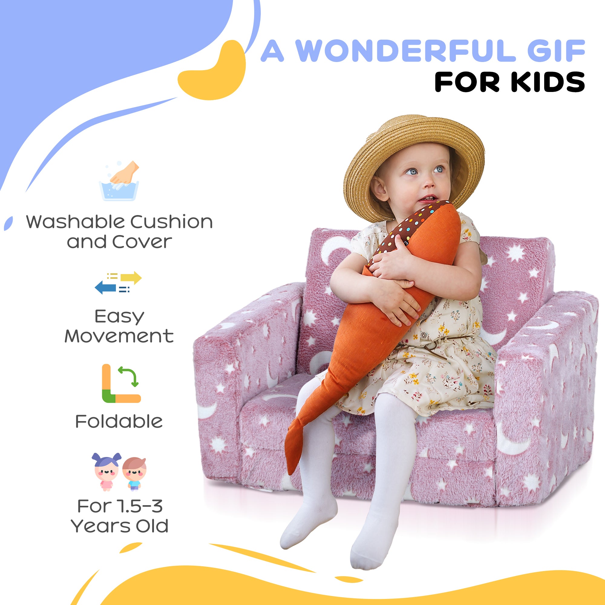 AIYAPLAY 2 in 1 Kids Kids Folding Bed Armchair with Glow in The Dark Cosmic Design, Washable Cushion and Cover, Blue - North Peak Garden Furniture