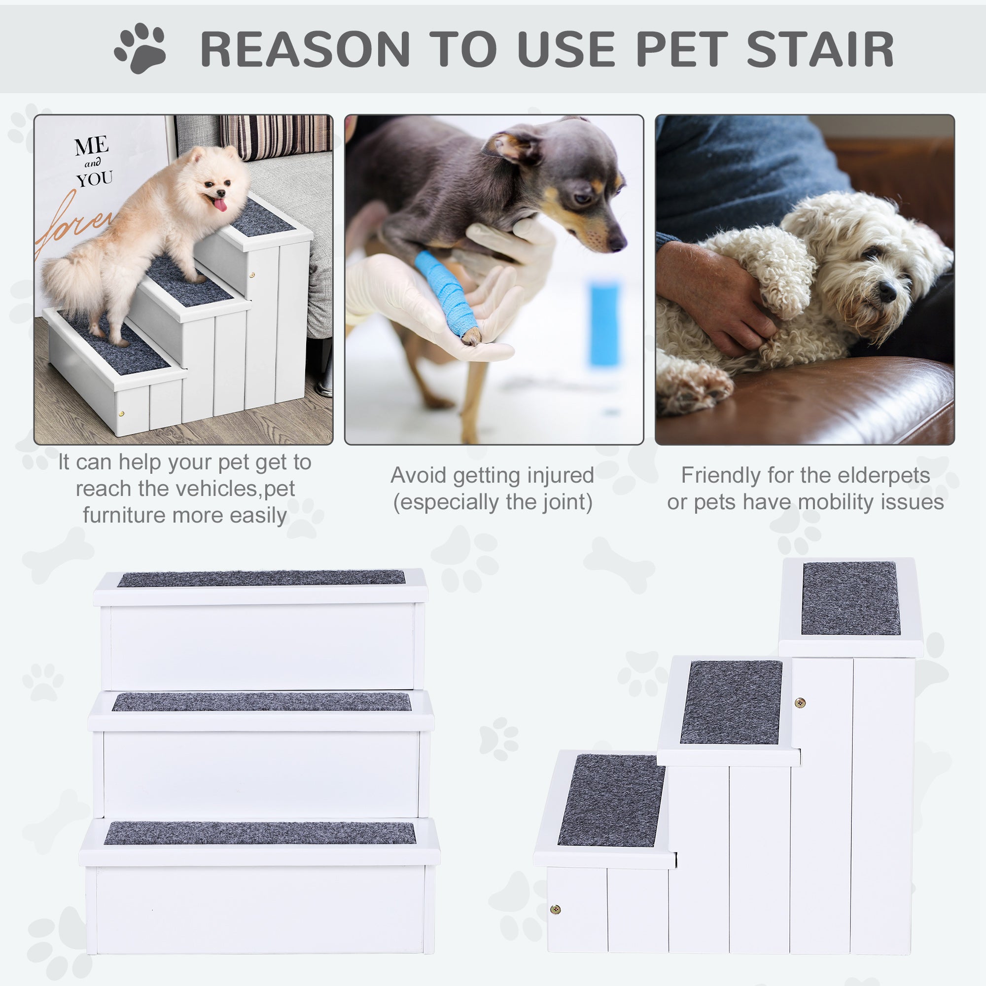 PawHut 3 Step Wooden Pet Stairs, Carpeted Ramp for Cats & Small Dogs, Non-Slip Carpet, Compact, White