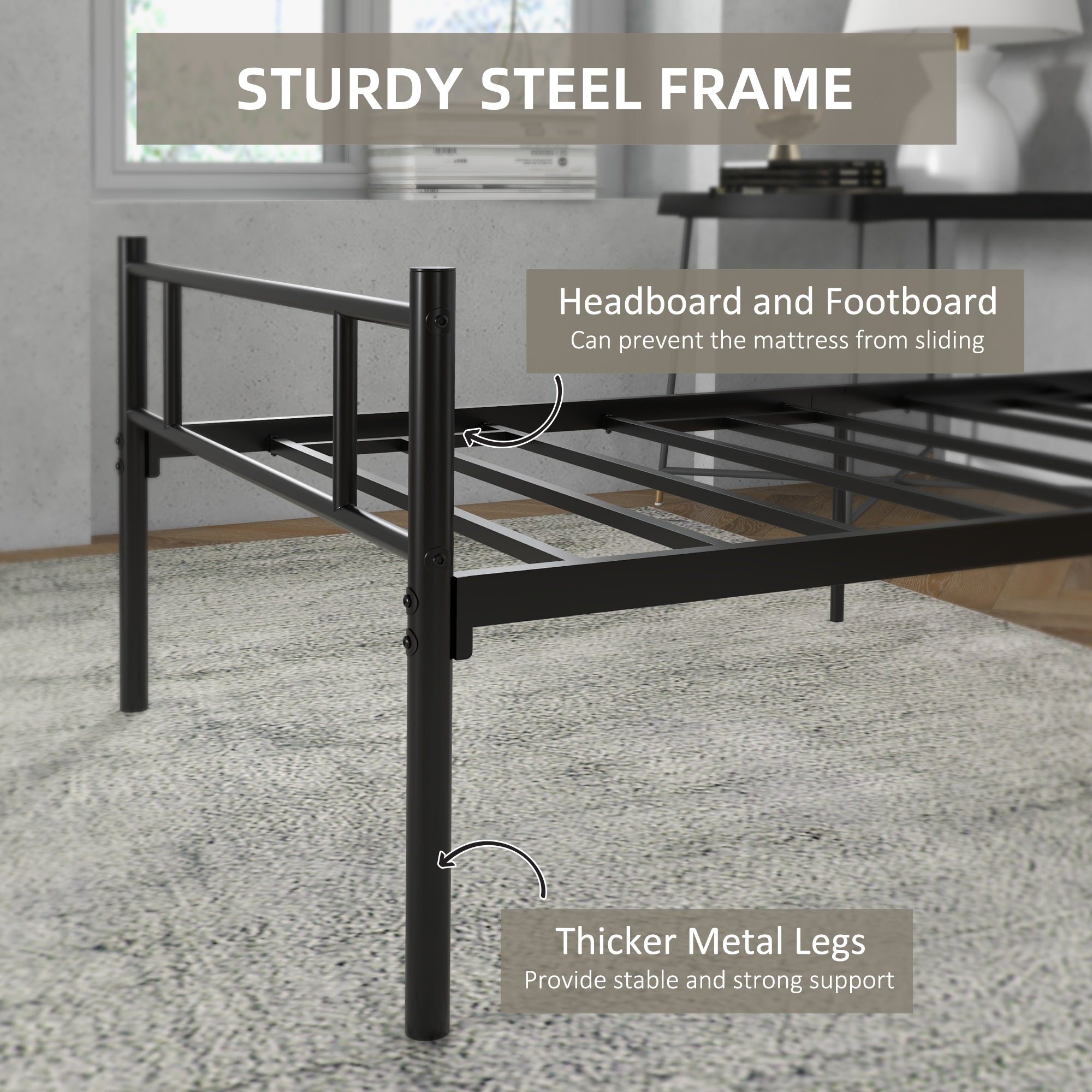 HOMCOM Single Metal Bed Frame Solid Bedstead Base with Headboard and Footboard, Metal Slat Support and Underbed Storage Space, Bedroom Furniture, Black